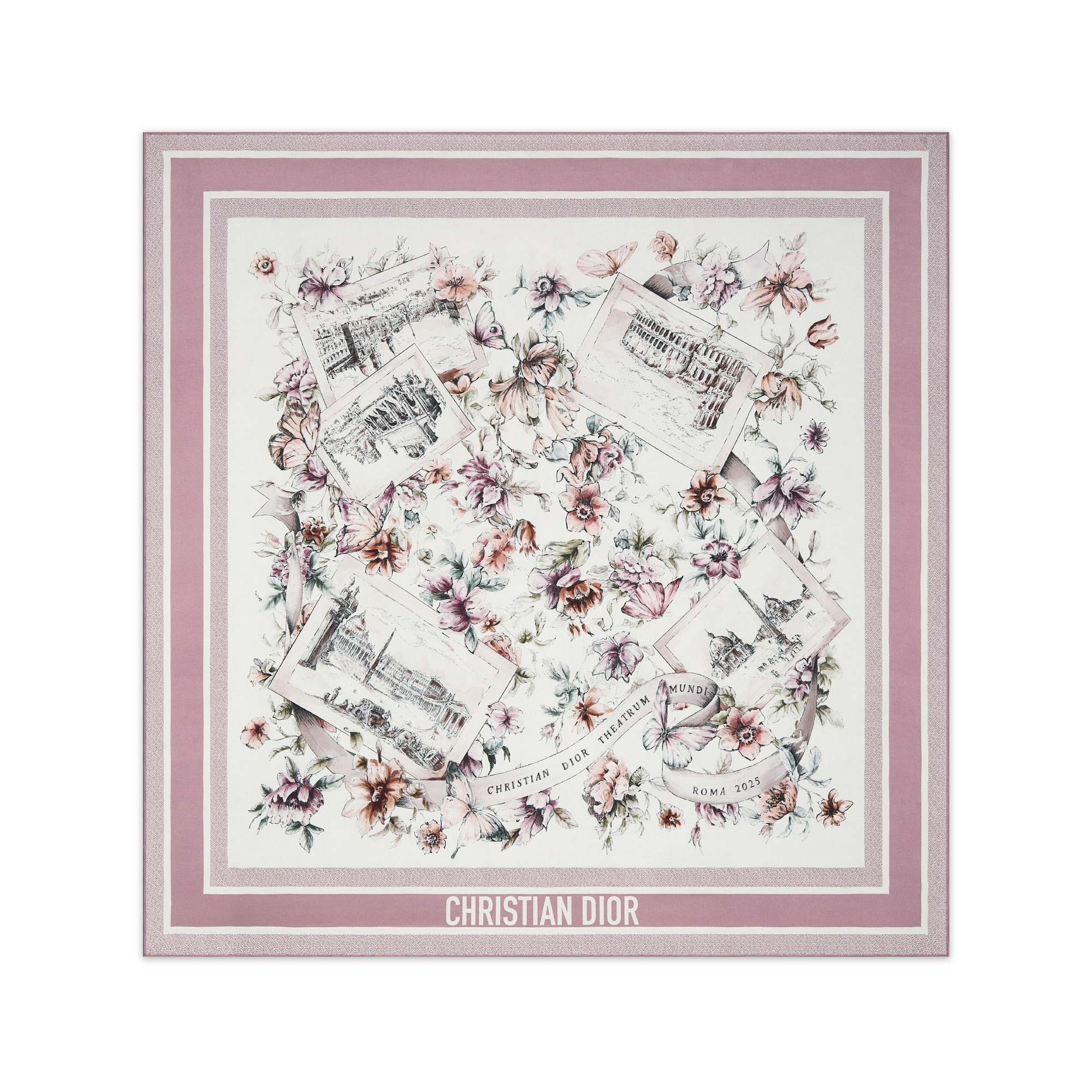 Dior 印花方巾 90 厘米白色和紫色桑蚕丝斜纹面料 Souvenir de Rome 图案 E01