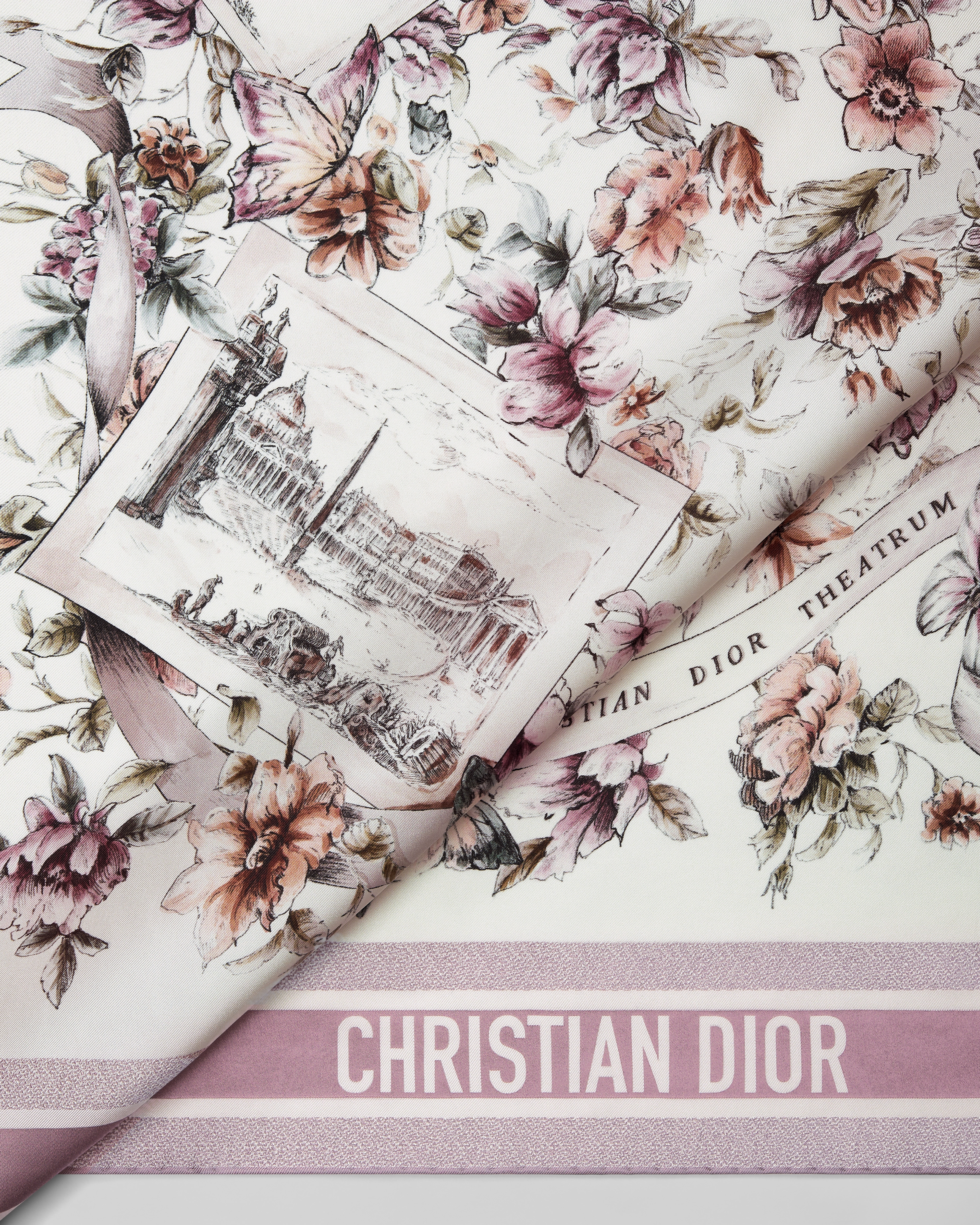 Dior 印花方巾 90 厘米白色和紫色桑蚕丝斜纹面料 Souvenir de Rome 图案 E09