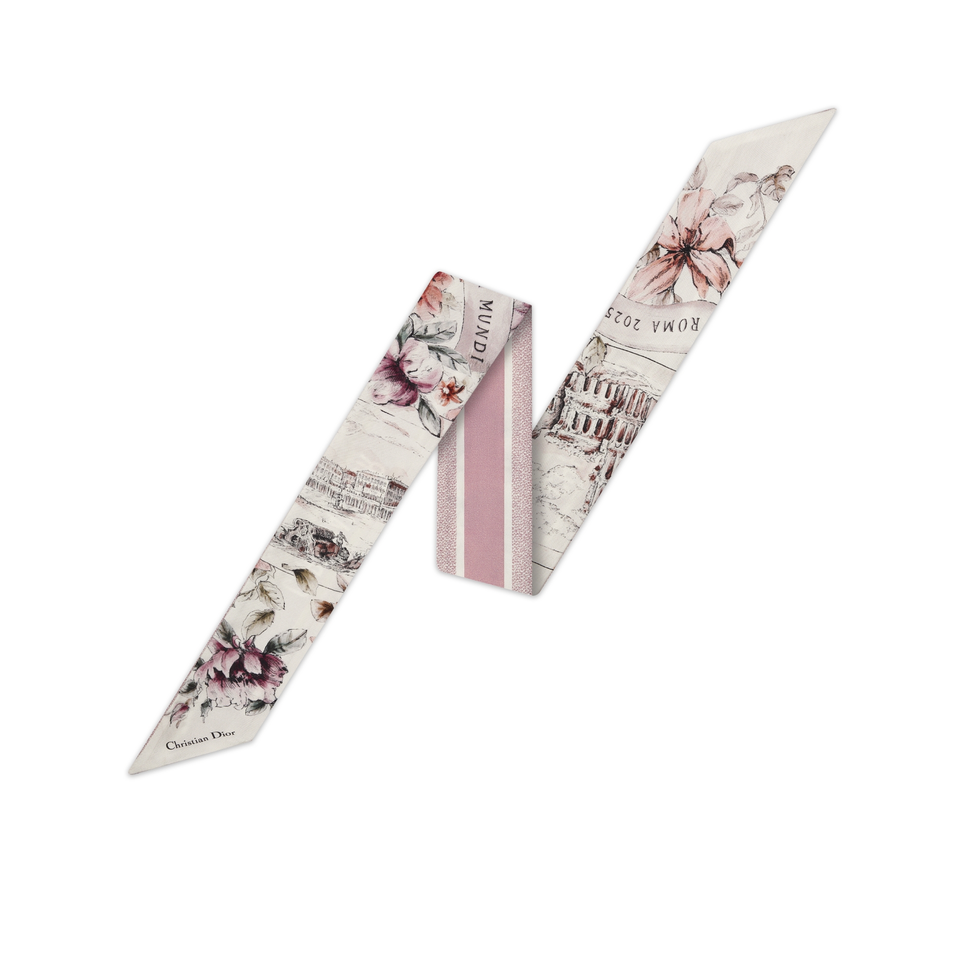 Mitzah 丝巾 白色和紫色桑蚕丝斜纹面料多色 Souvenir de Rome 图案 E01