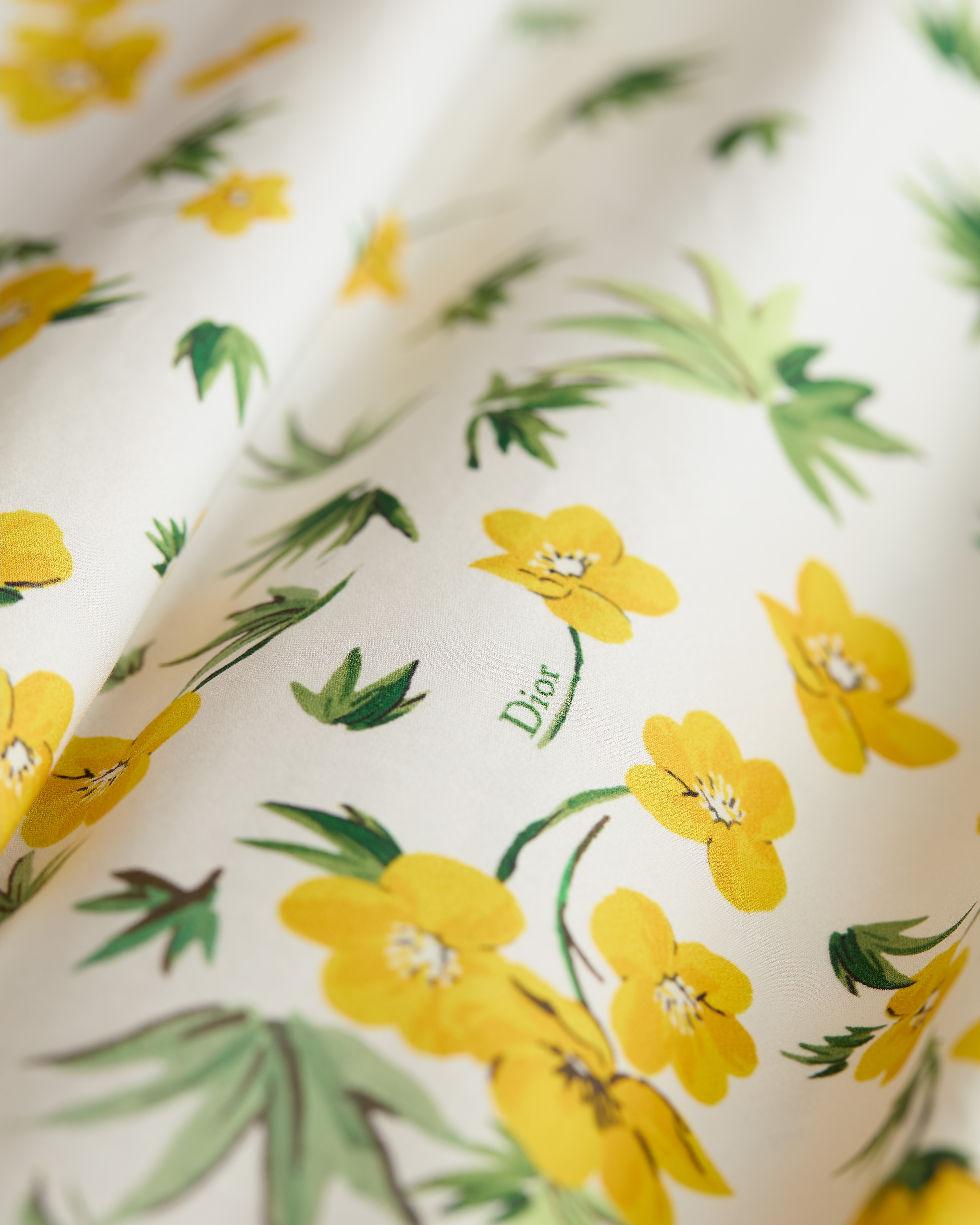 喇叭形半裙 白色棉府绸黄色和绿色 Dior Buttercup 图案 E09