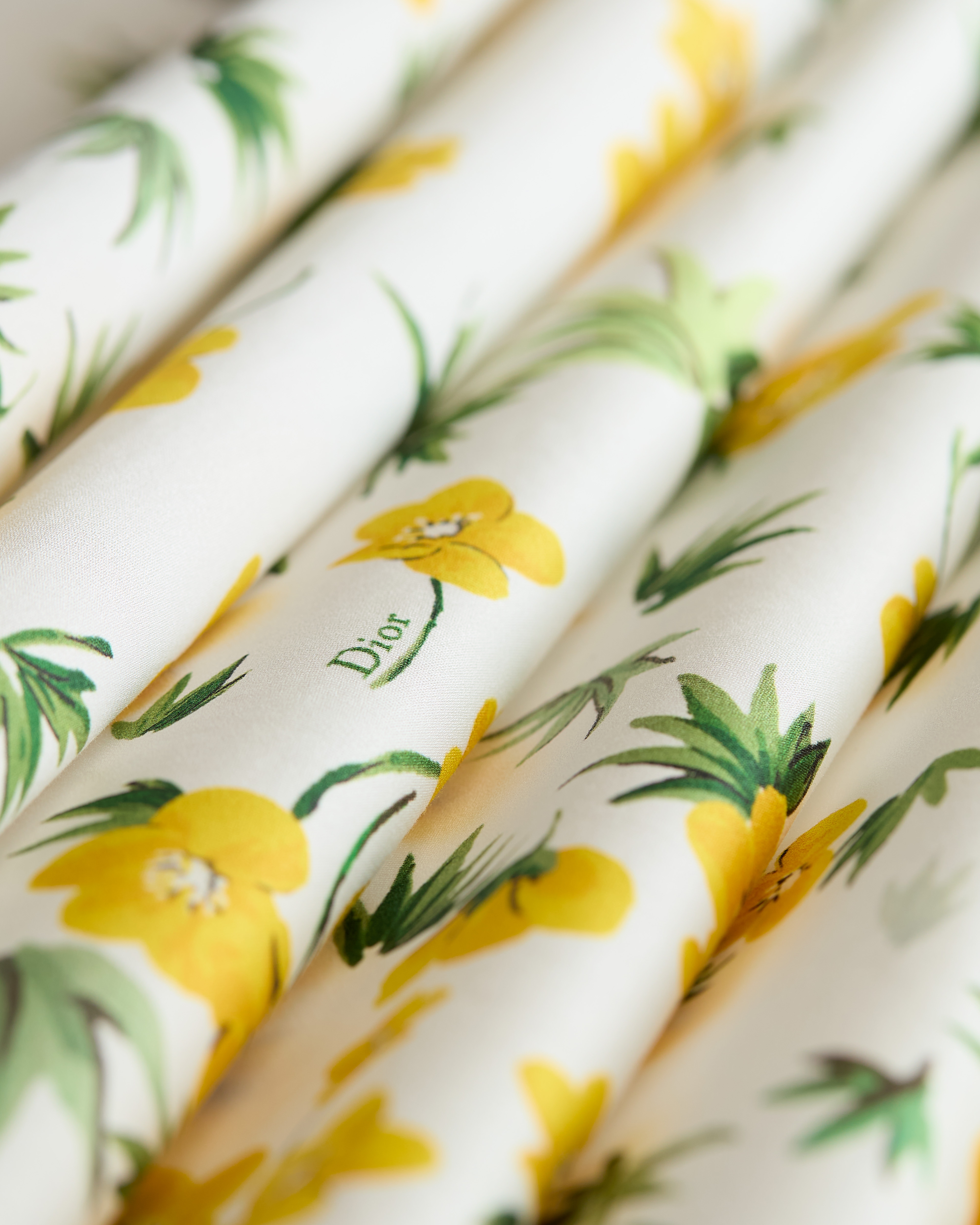 喇叭形半裙 白色棉府绸黄色和绿色 Dior Buttercup 图案 E11