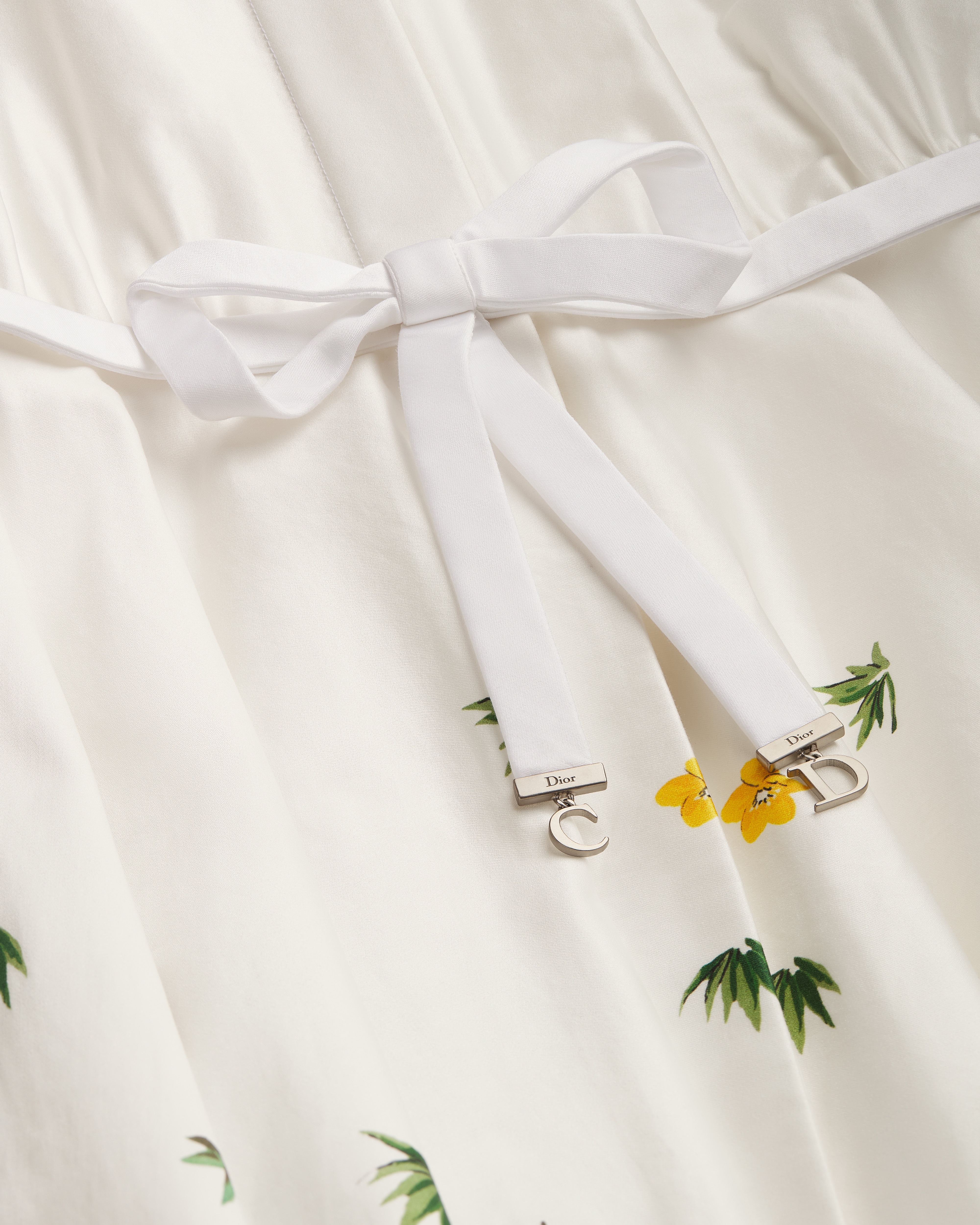喇叭形中长款衬衫式连衣裙 白色棉府绸面料黄色和绿色 Dior Buttercup 图案 E09