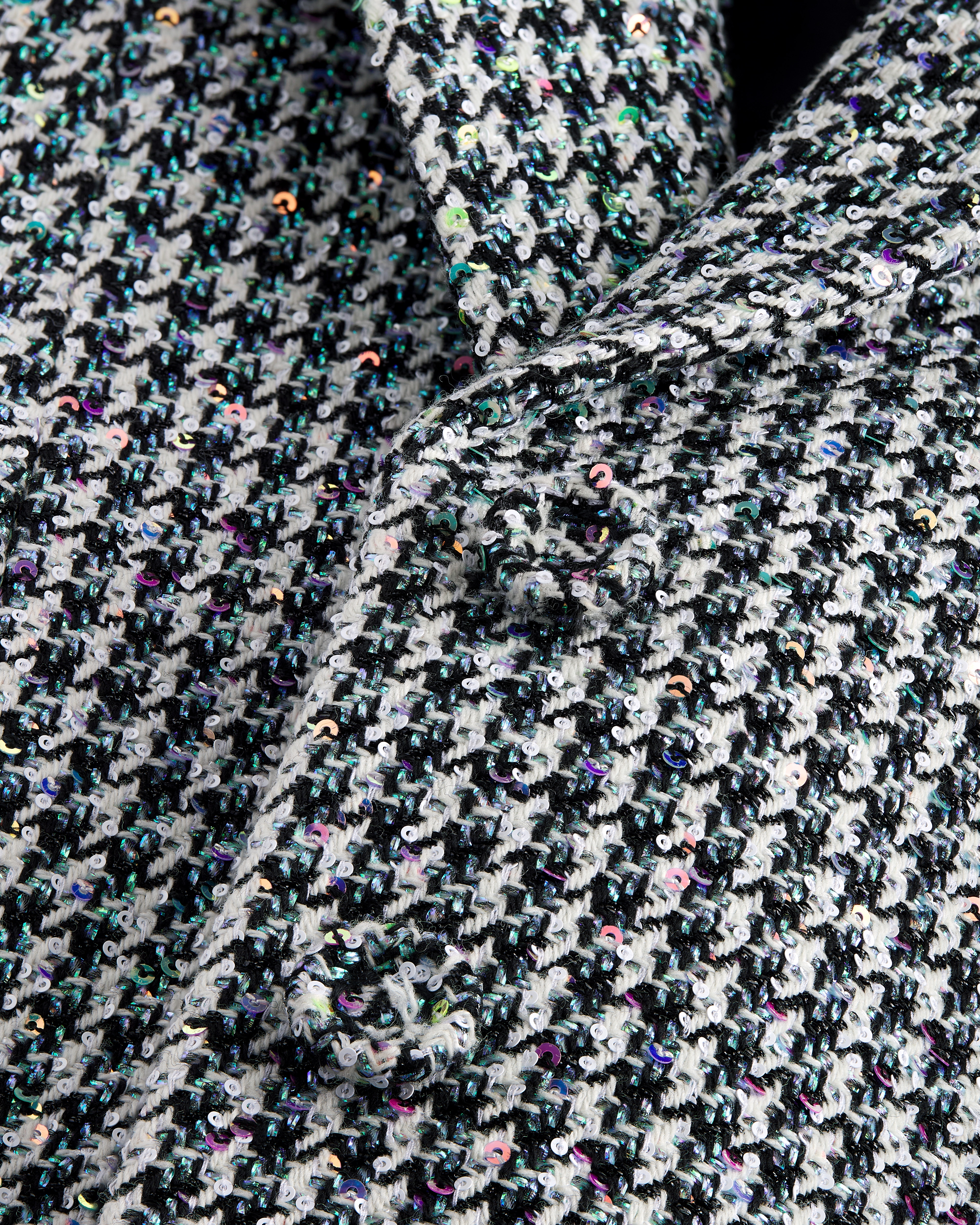 修身西装外套 黑色和白色绵羊毛混纺面料千鸟格纹搭配多色亮片 E09