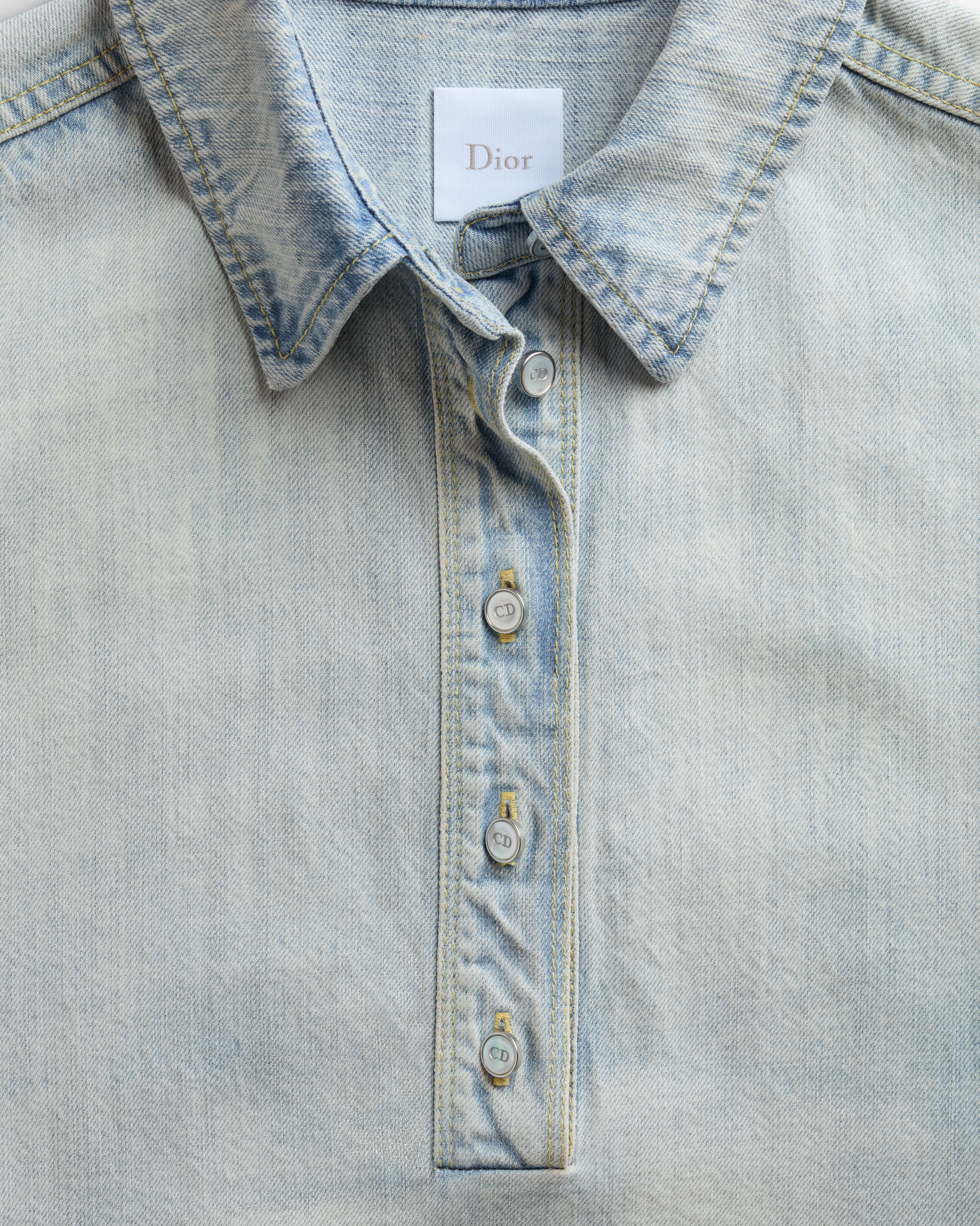 Dioramour 刺绣喇叭形连衣裙 淡蓝色棉质牛仔布和白色棉质面料多色 Doves & Roses 图案 E09