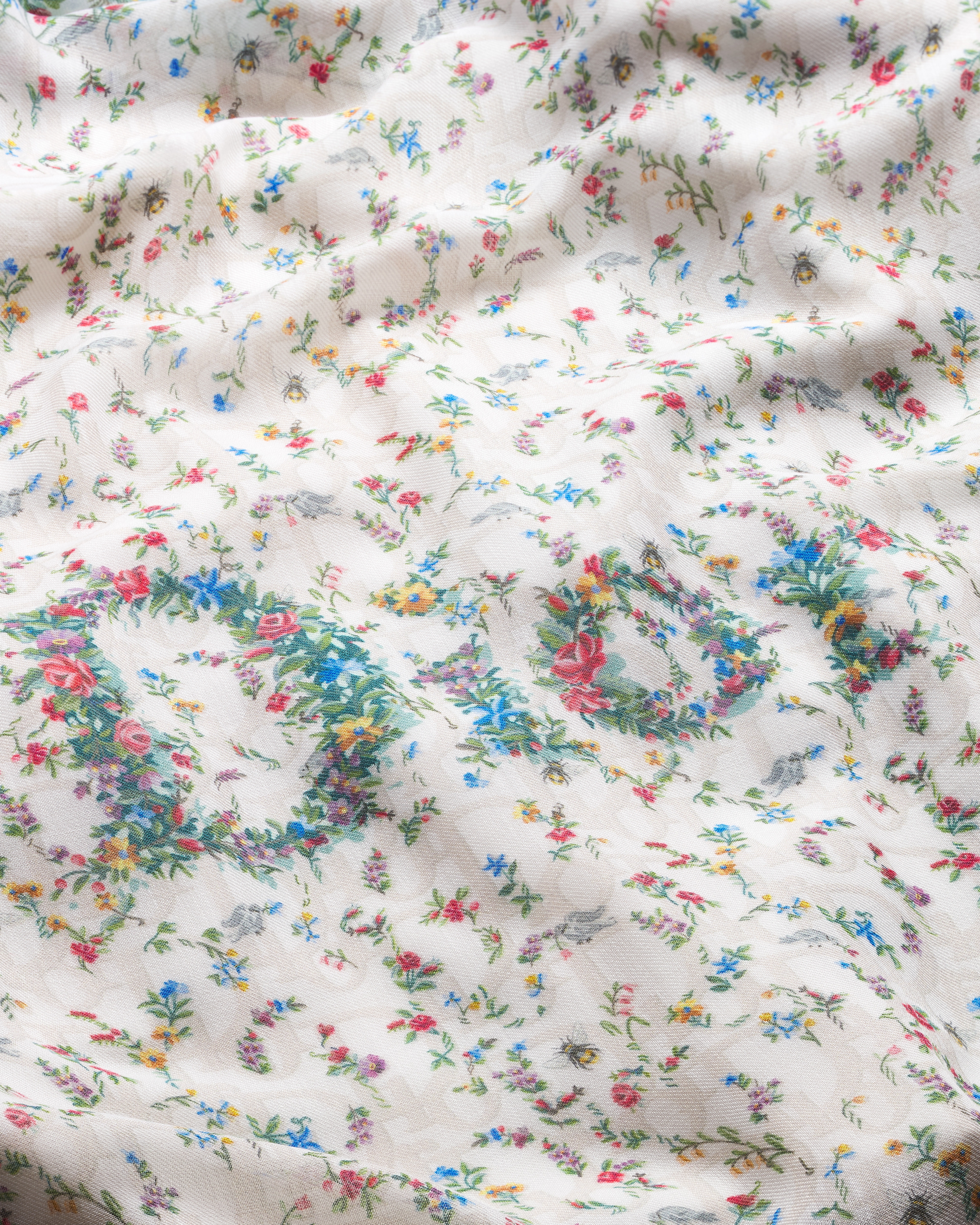 Dioramour 披肩 白色桑蚕丝和绵羊毛混纺面料多色 Revolution Flowers 图案 E09