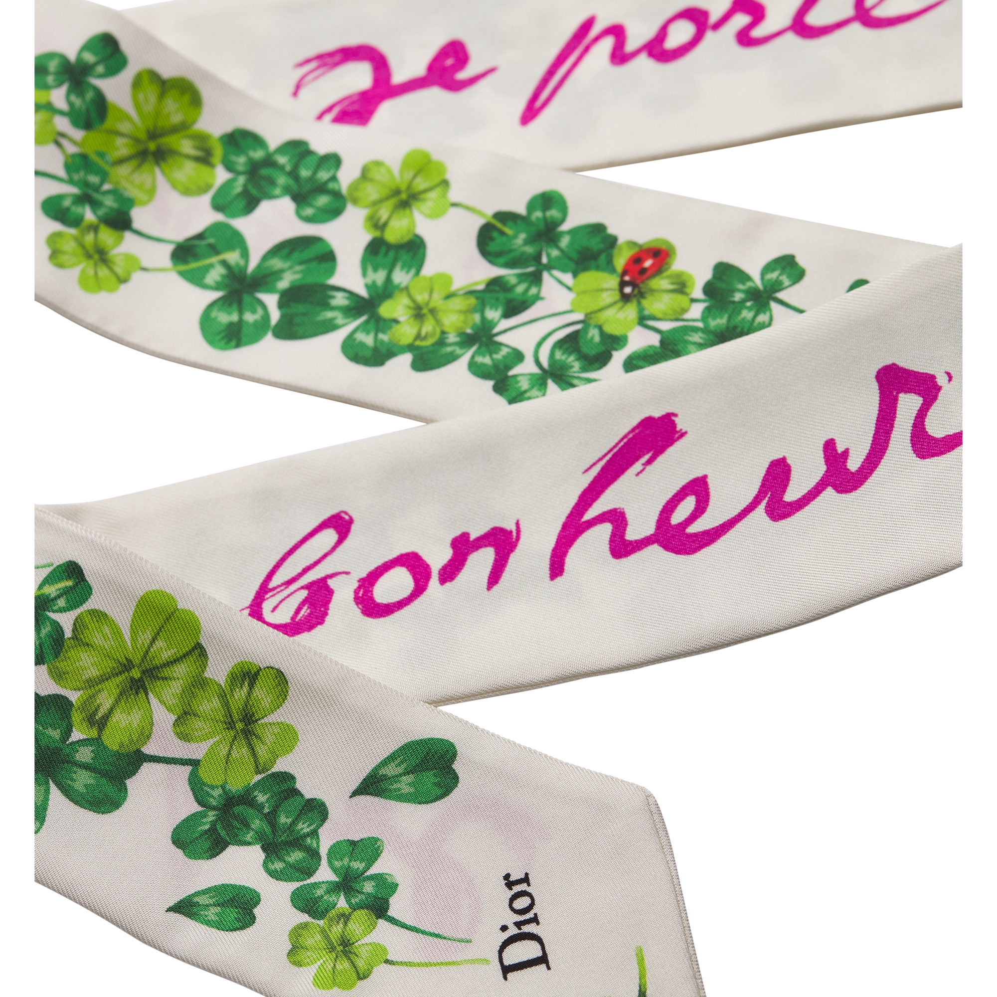 Mitzah 丝巾 绿色和桃红色桑蚕丝斜纹面料 Dior Clover 图案 E09