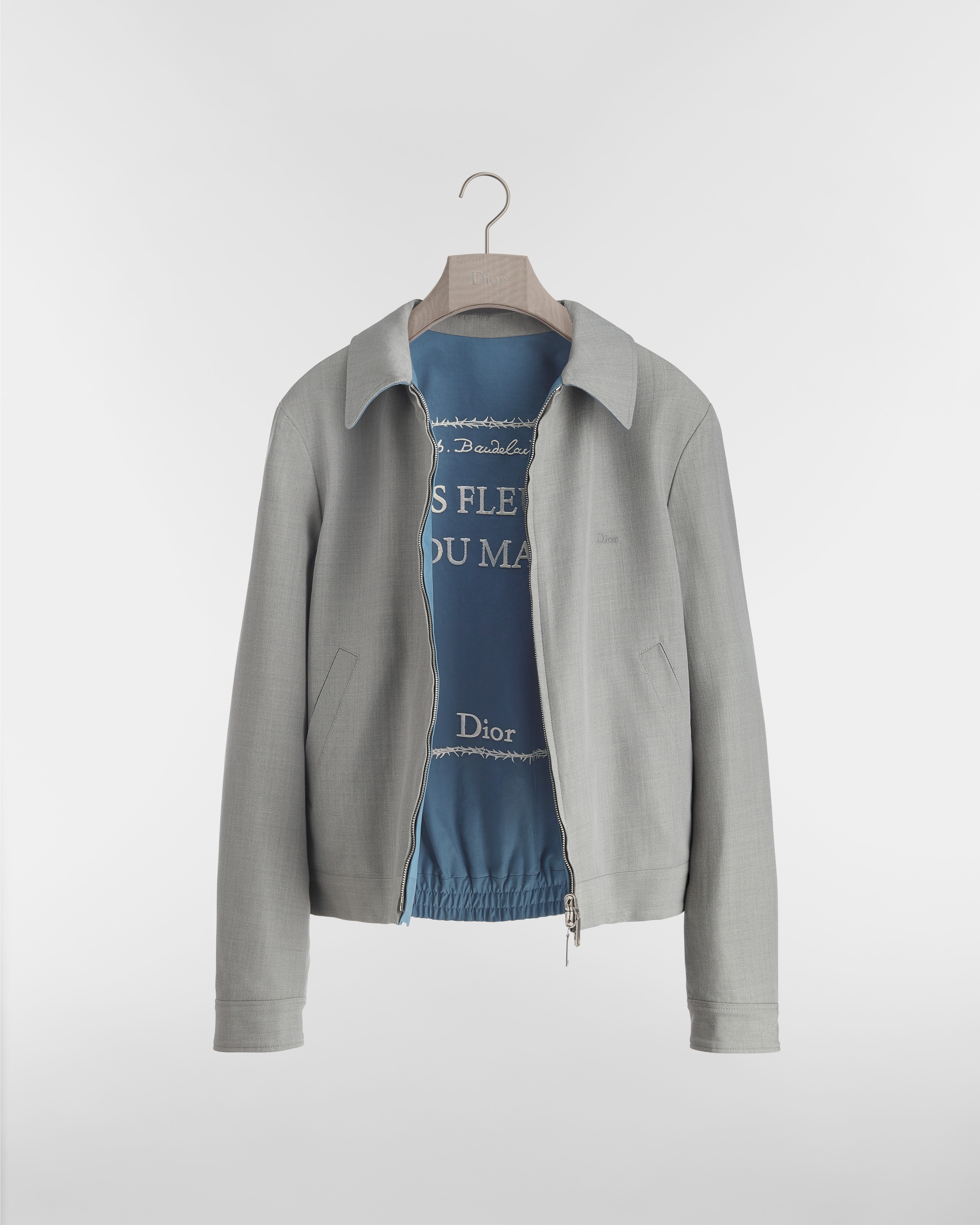 双面拉链夹克 灰色绵羊毛混纺斜纹面料 Book Cover 图案刺绣 E09