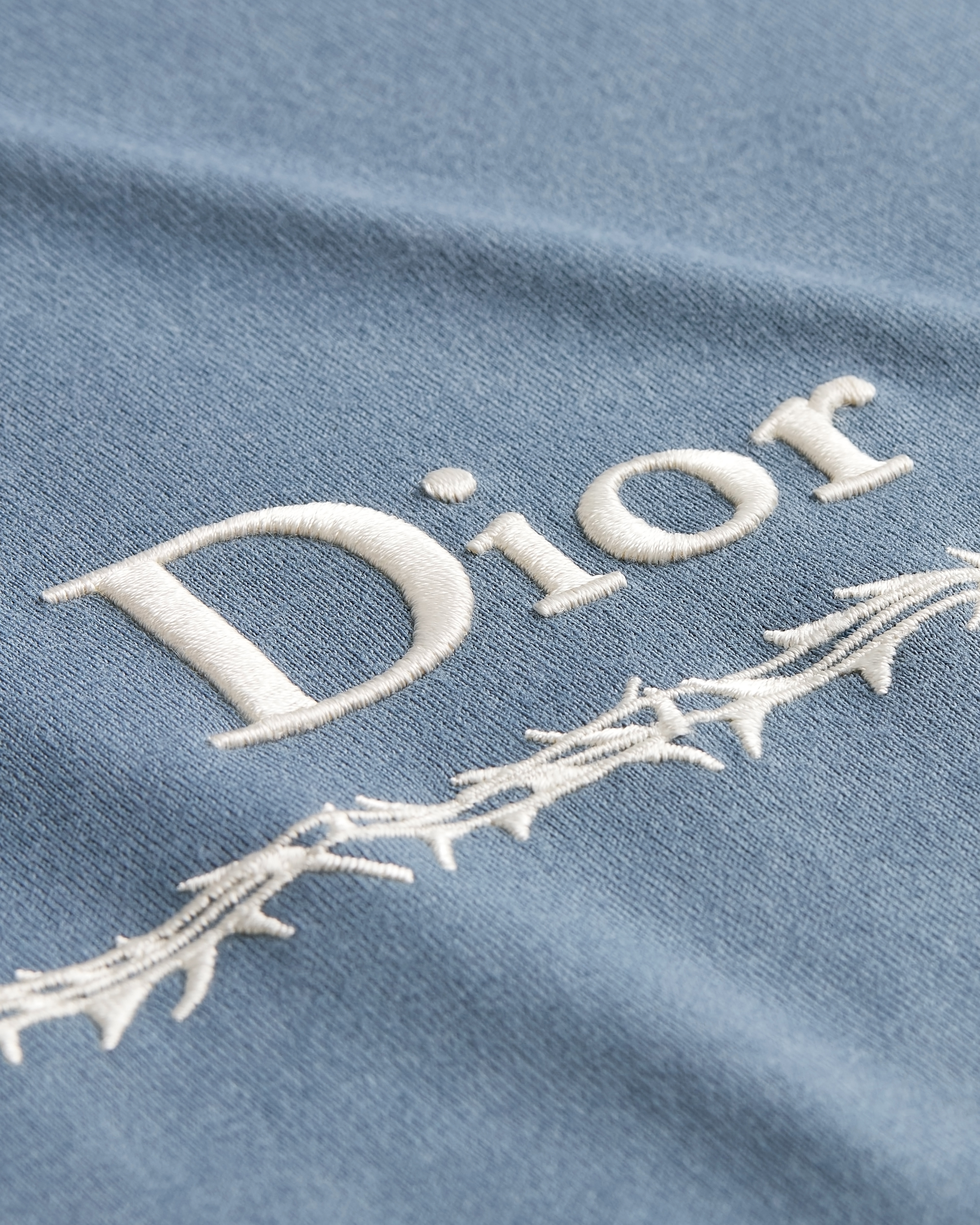 宽松版型 T 恤 蓝色和白色棉质平纹针织面料 Book Cover 图案刺绣 E09