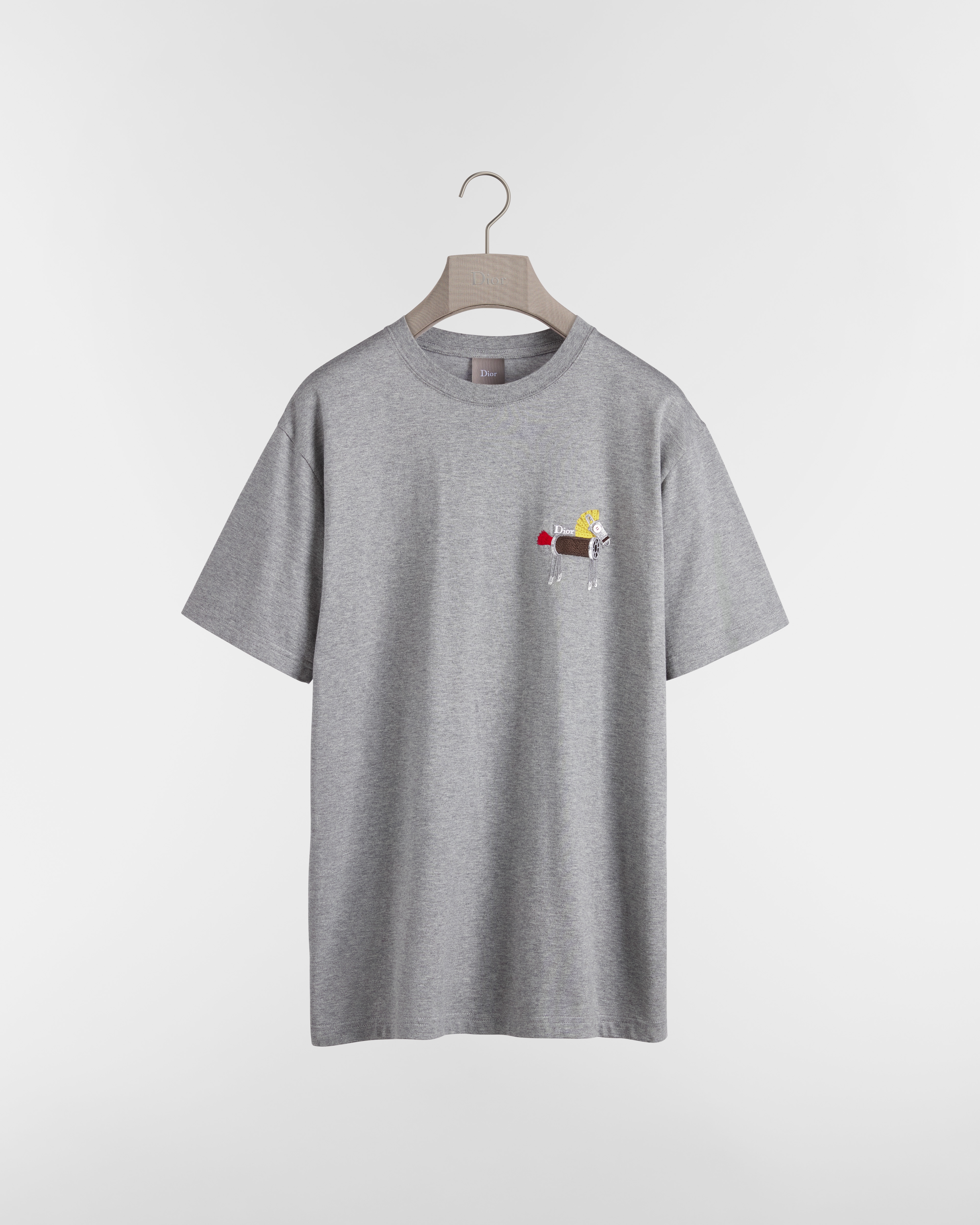 宽松版型 T 恤 灰色棉质平纹针织面料小马刺绣 E01