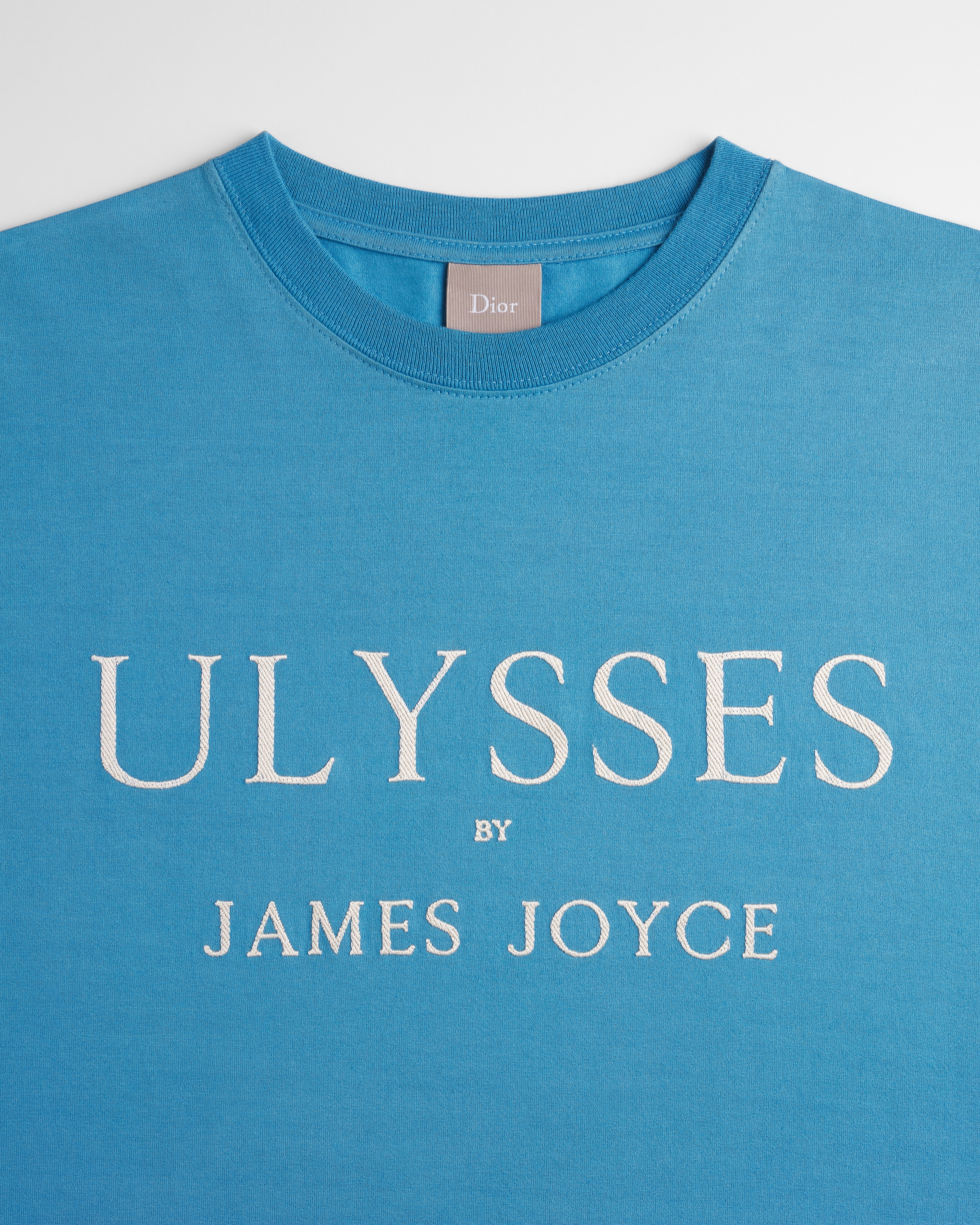 宽松版型 T 恤 淡蓝色和白色棉质平纹针织面料 Book Cover 图案刺绣 E10