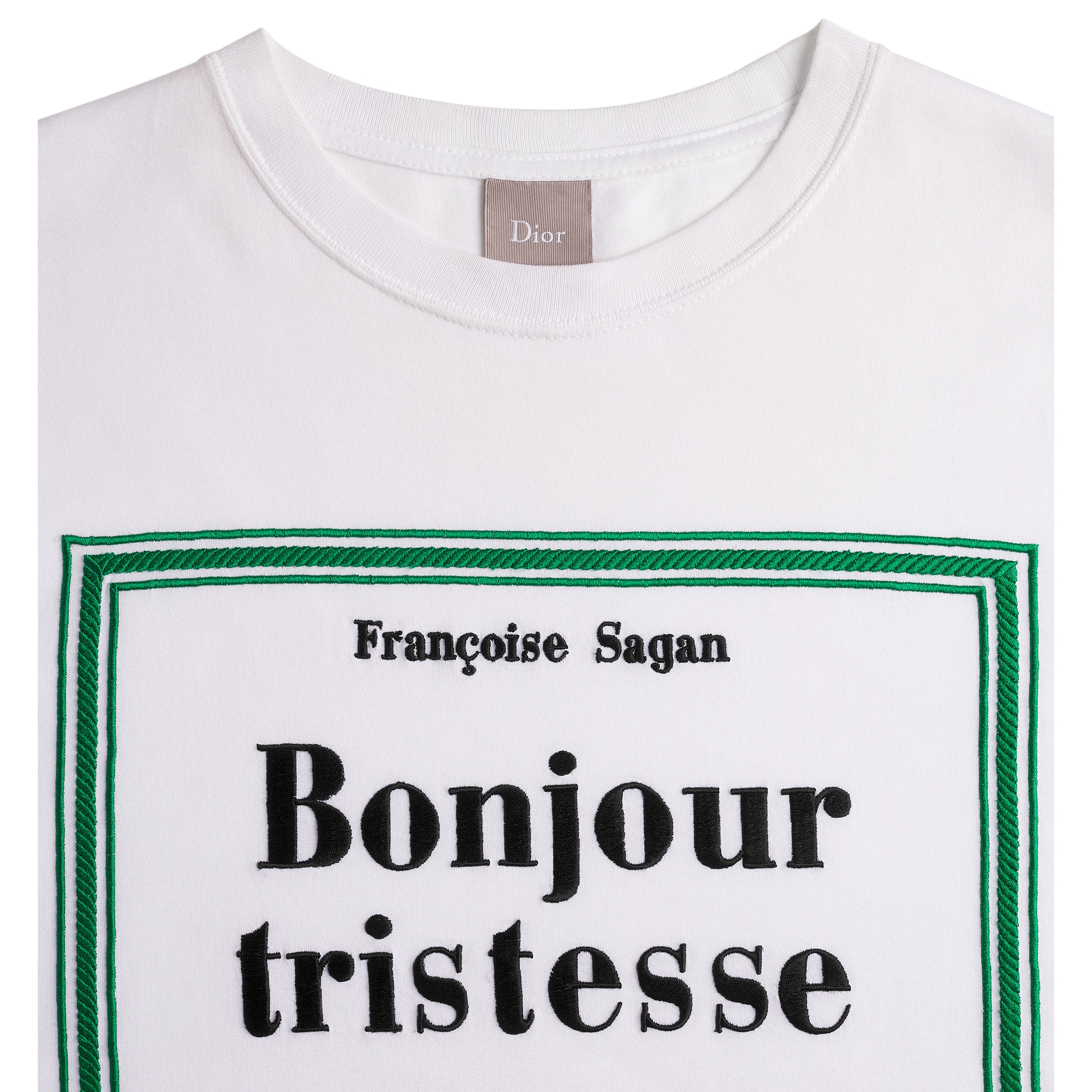 宽松版型 T 恤 白色和绿色棉质平纹针织面料 Book Cover 图案刺绣 E10