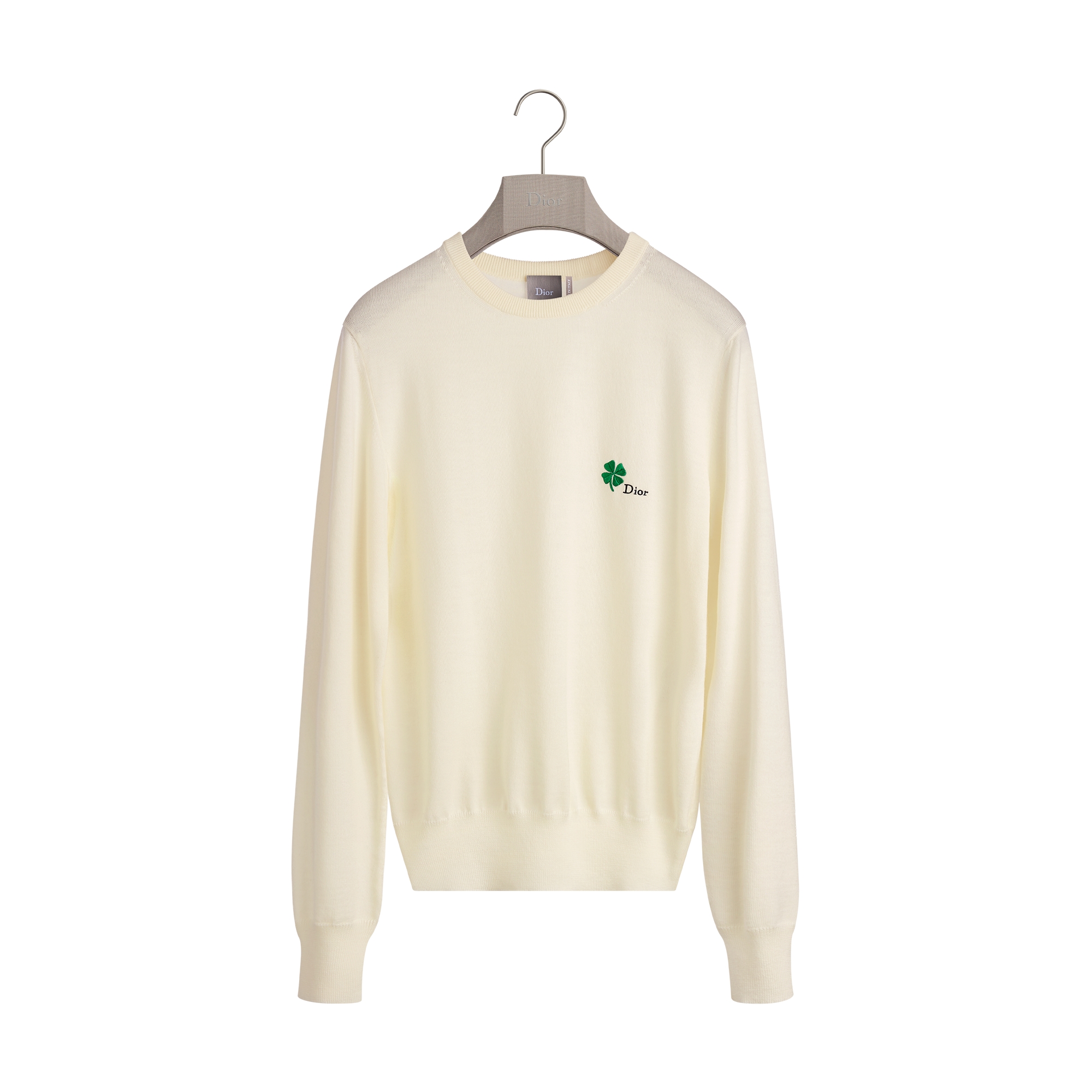  白色绵羊毛平纹针织面料 Dior Clover 刺绣