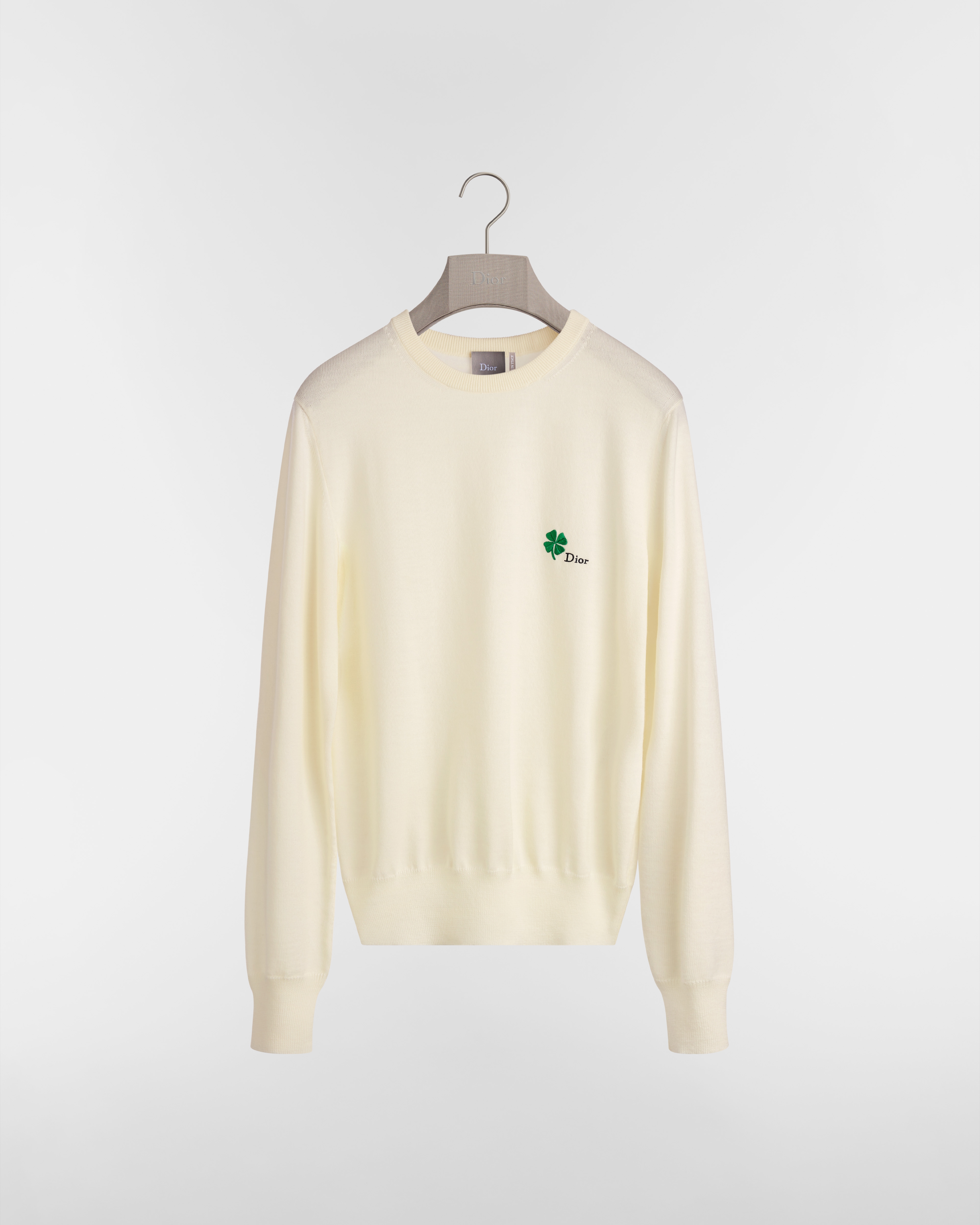 针织衫 白色绵羊毛平纹针织面料 Dior Clover 刺绣 E01