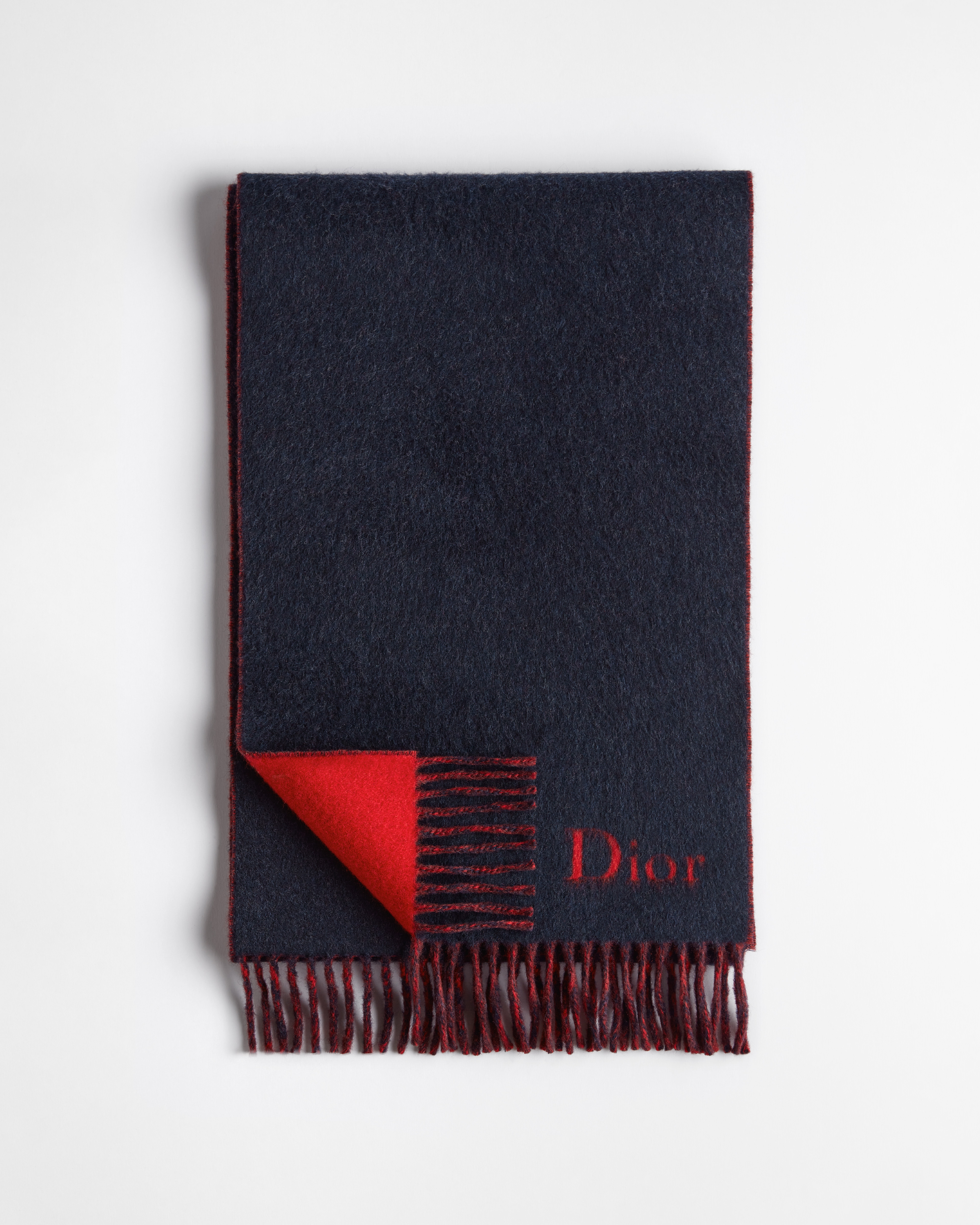 双面围巾 海军蓝色和红色绵羊毛和山羊绒混纺面料 Dior 刺绣 E01