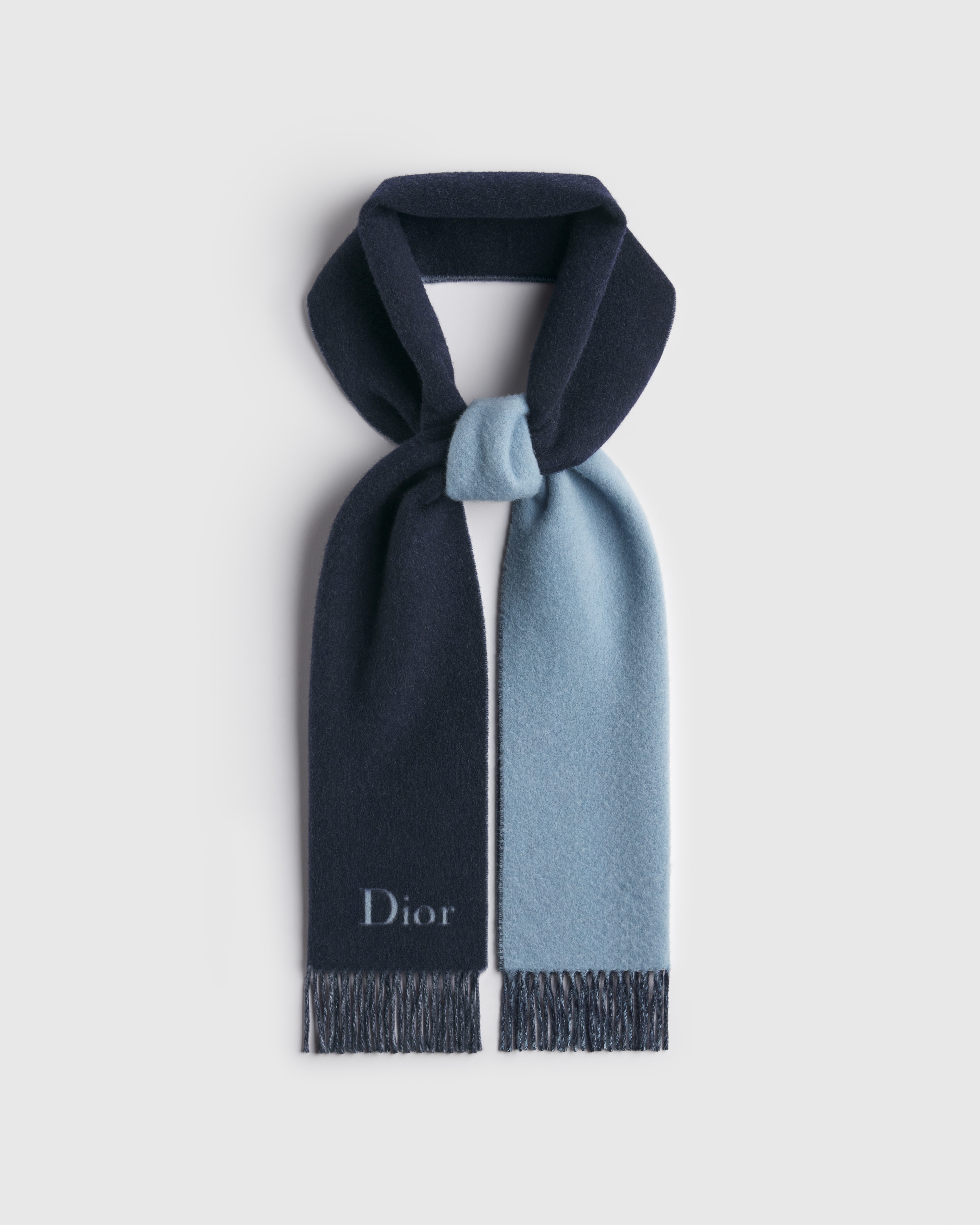 双面围巾 海军蓝色和蓝色绵羊毛和山羊绒混纺面料 Dior 刺绣 E02