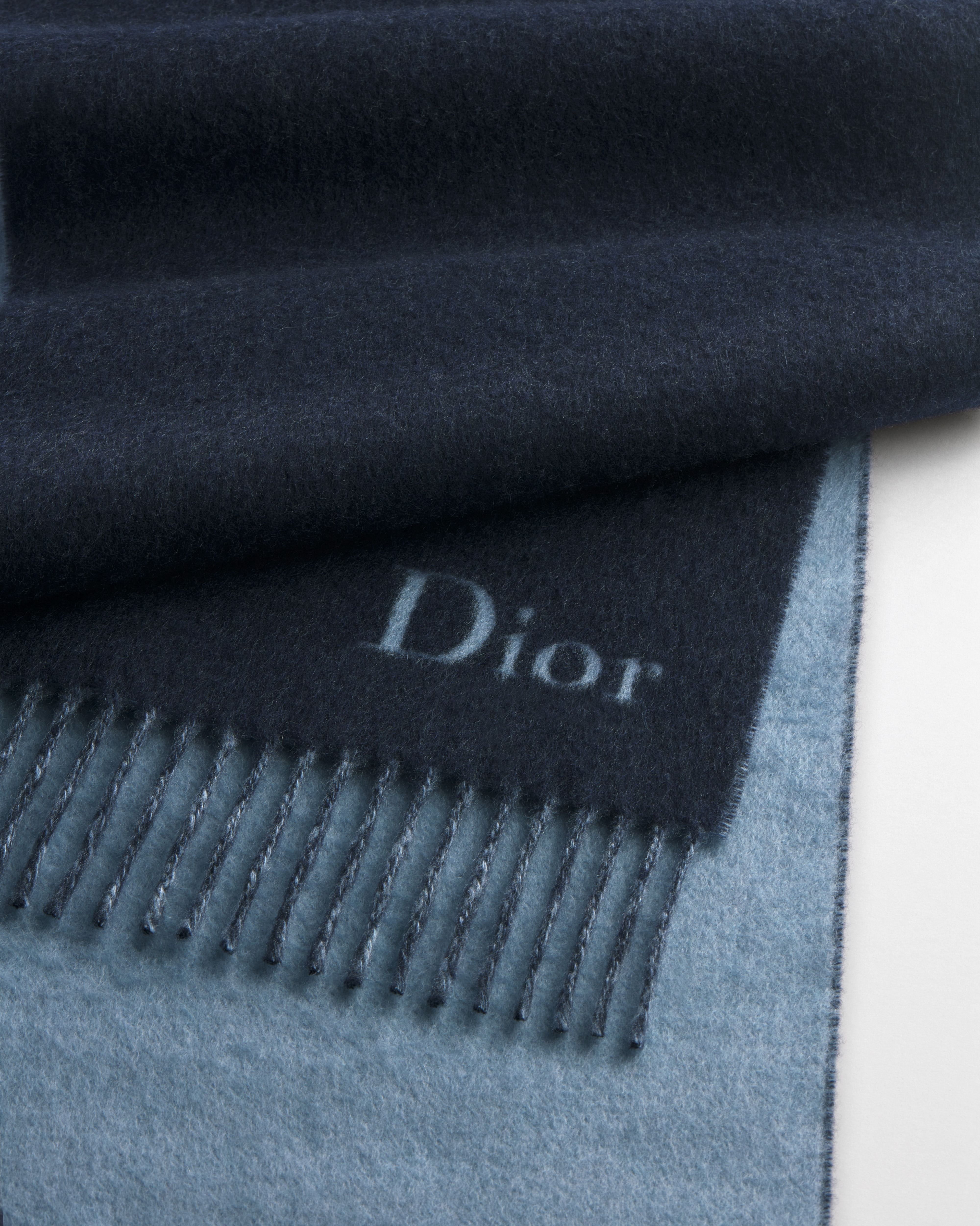 双面围巾 海军蓝色和蓝色绵羊毛和山羊绒混纺面料 Dior 刺绣 E09