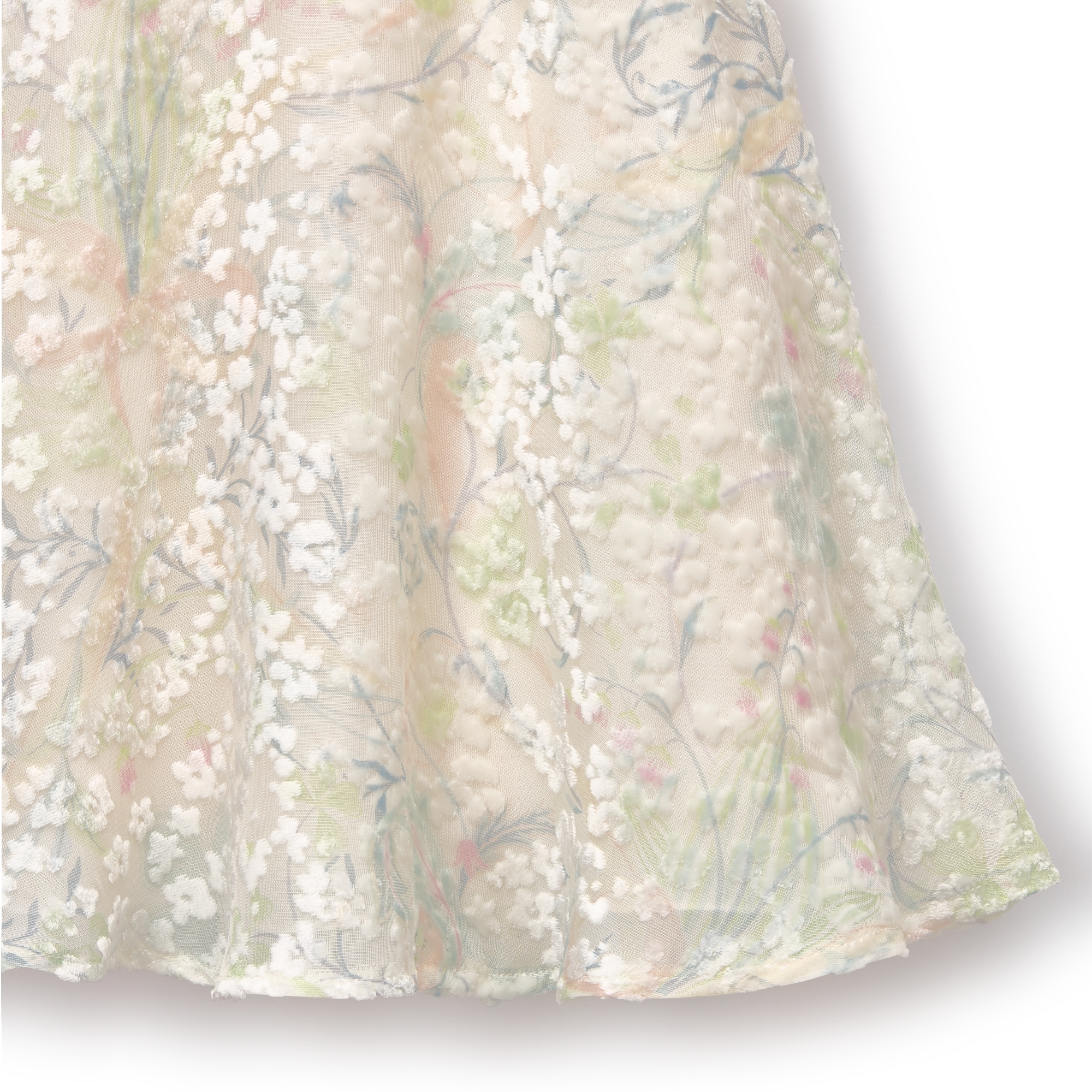 婴幼儿喇叭形连衣裙 象牙色和淡色烧花天鹅绒搭配本季花卉图案 E09