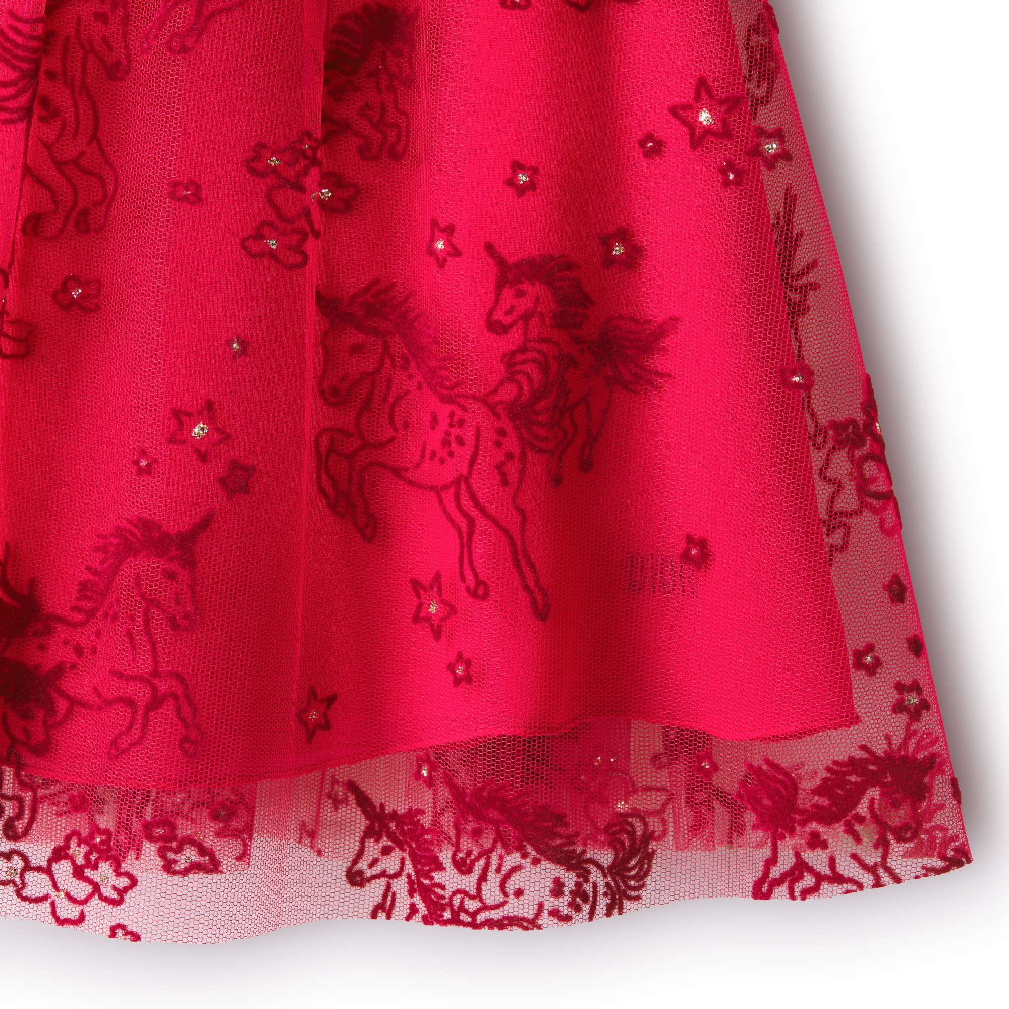 婴幼儿喇叭形连衣裙 红色薄纱深红色和金色调独角兽图案 E09