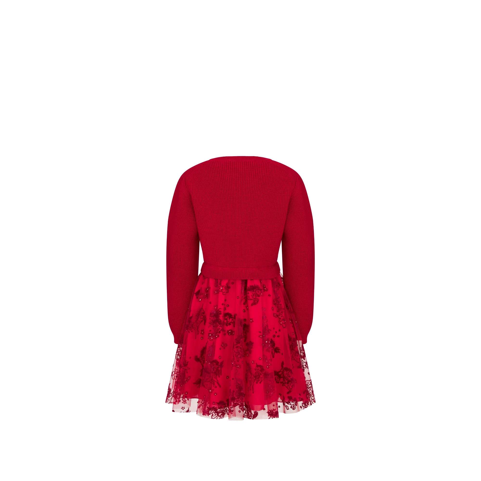 儿童喇叭形连衣裙 红色绵羊毛针织面料和红色薄纱搭配深红色和金色调独角兽图案 E08