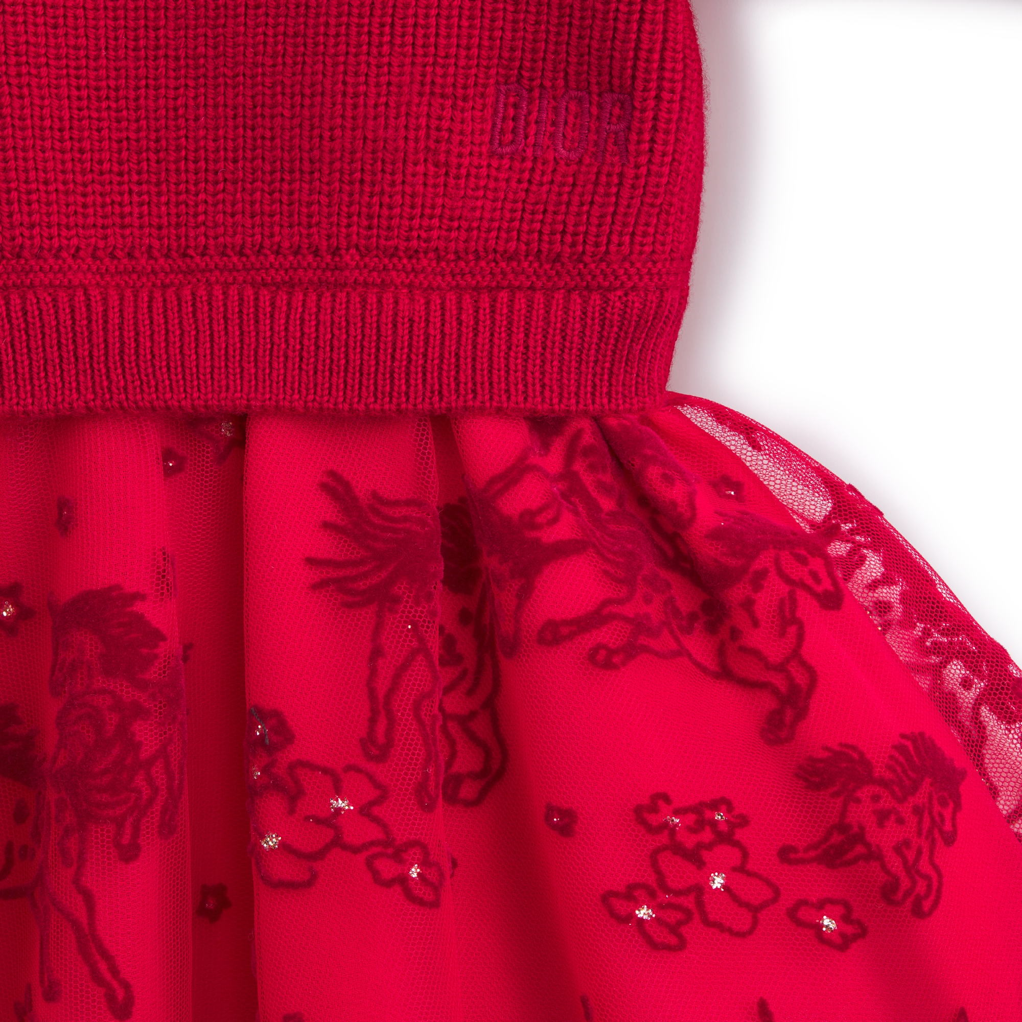 婴幼儿喇叭形连衣裙 红色羊驼毛混纺针织面料和红色薄纱深红色和金色调独角兽图案 E09