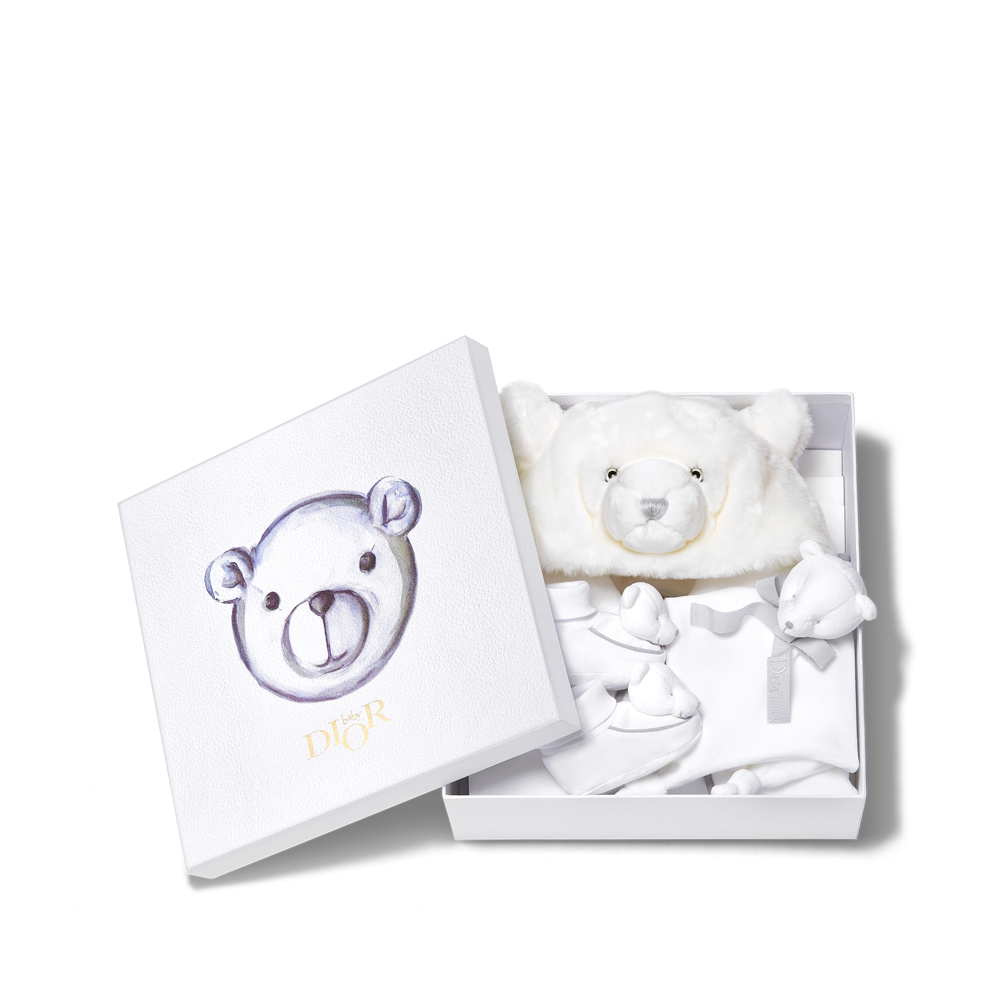 泰迪熊新生儿礼品套装 白色仿羊羔绒、棉质双面布和天鹅绒毛圈针织 E11