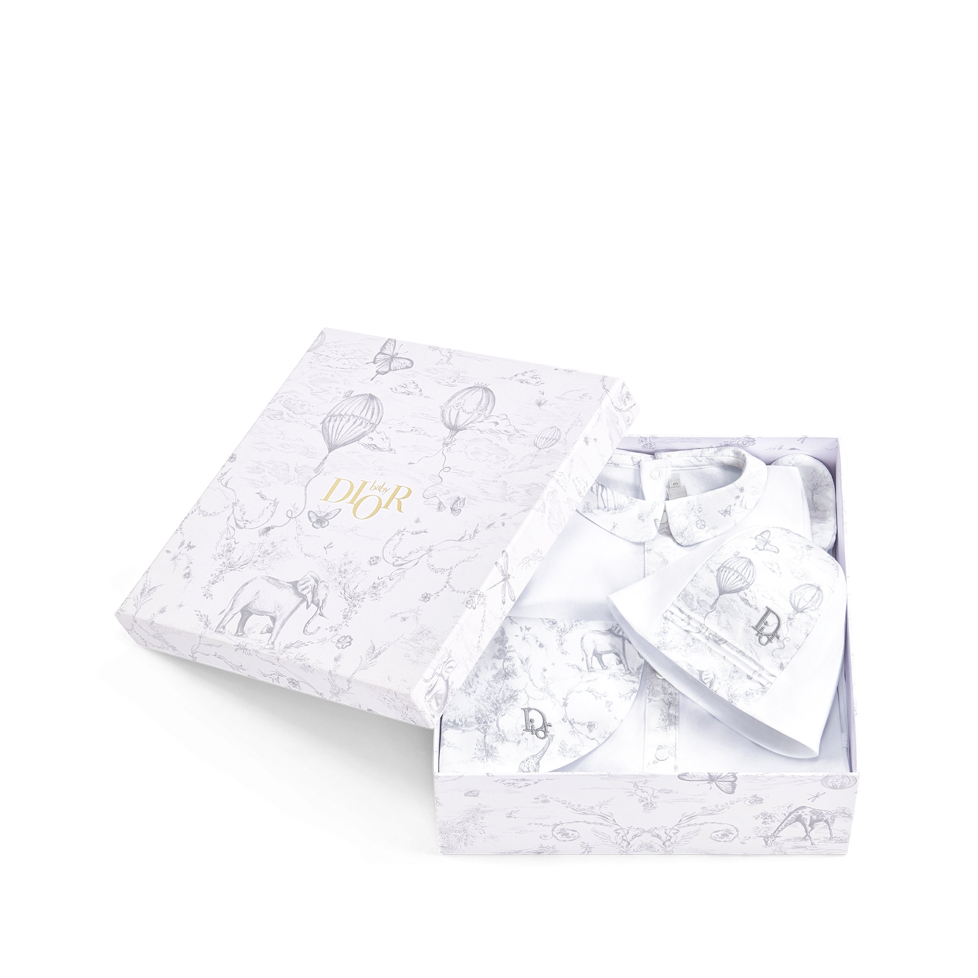 新生儿礼品套装 白色棉质双面布和缎面灰色茹伊印花 E10