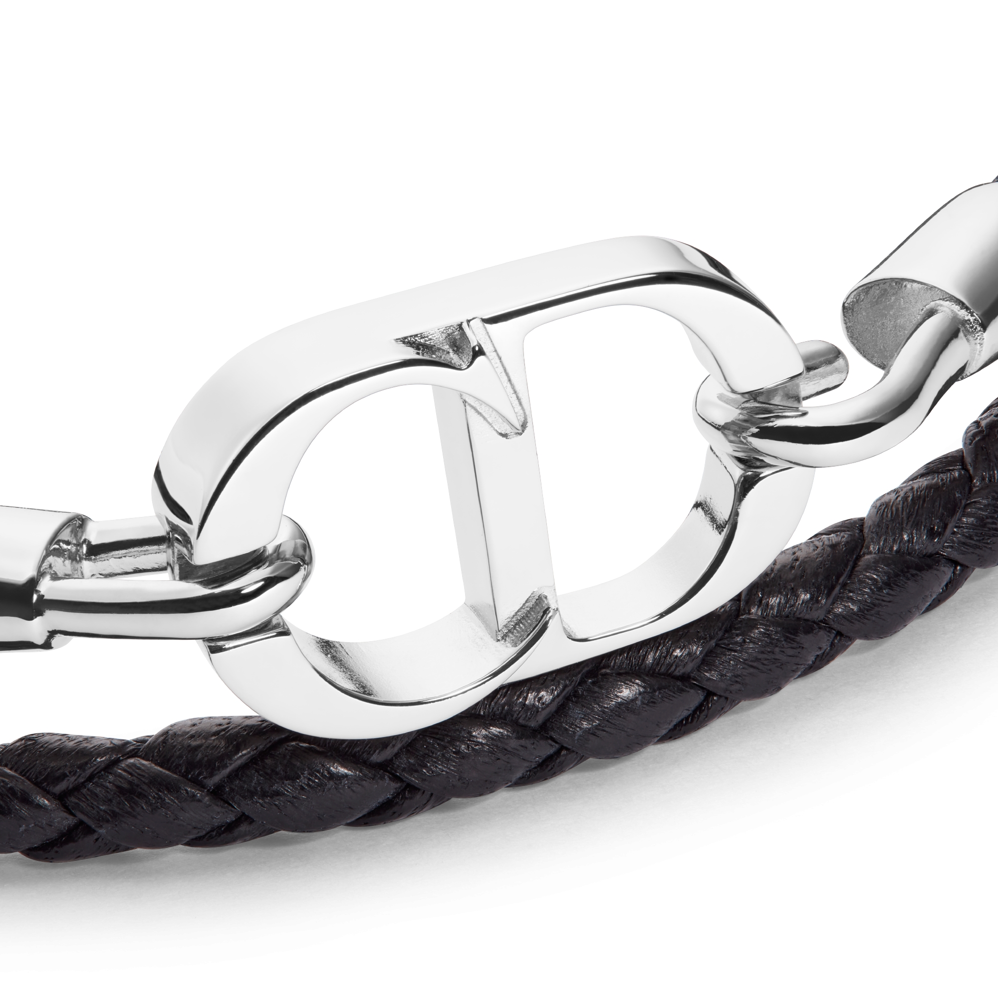 CD Icon 编织皮革双链条手链 黑色羊皮革和银色饰面铜合金 E09