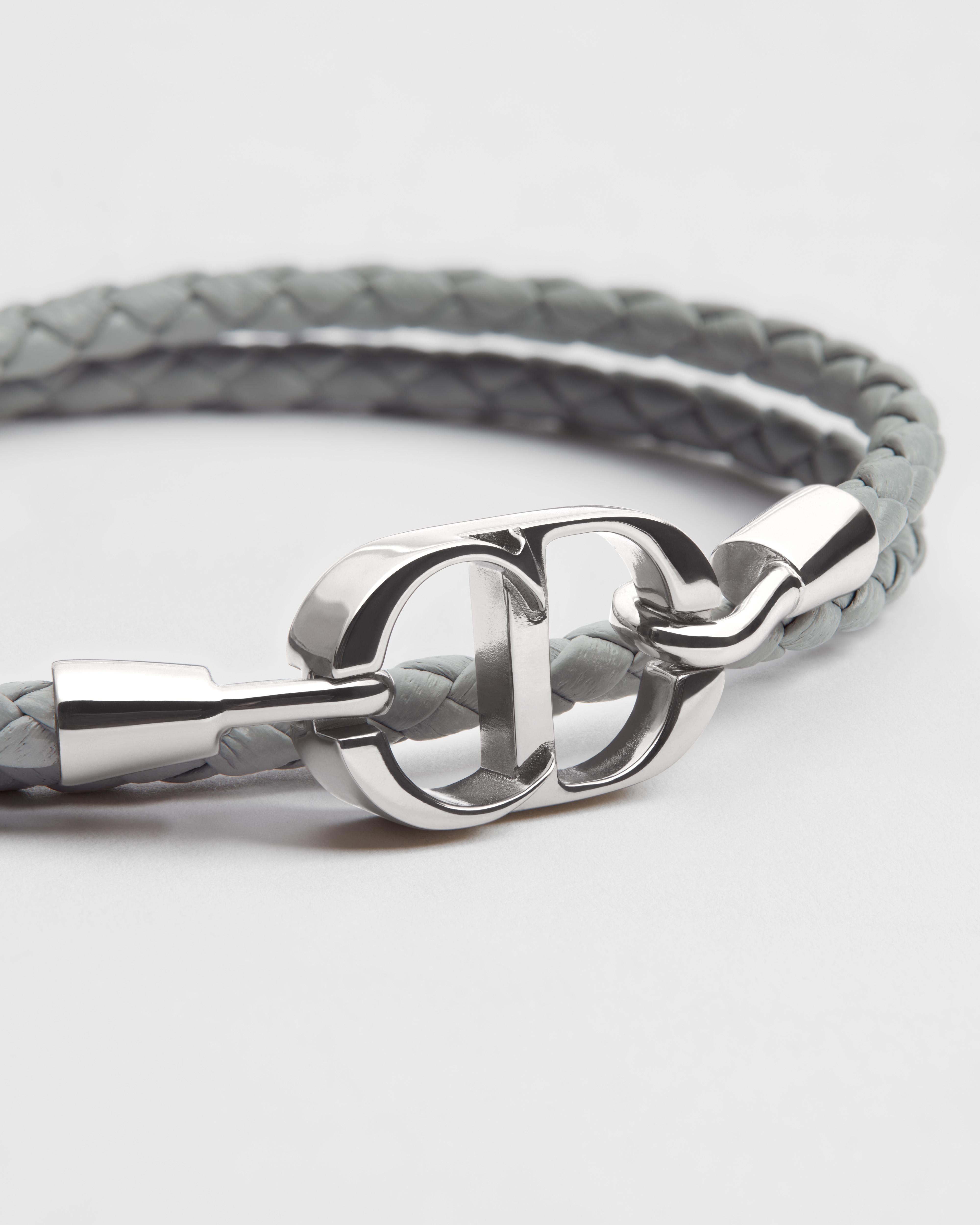 CD Icon 编织皮革双链条手链 灰色羊皮革和银色饰面铜合金 E09