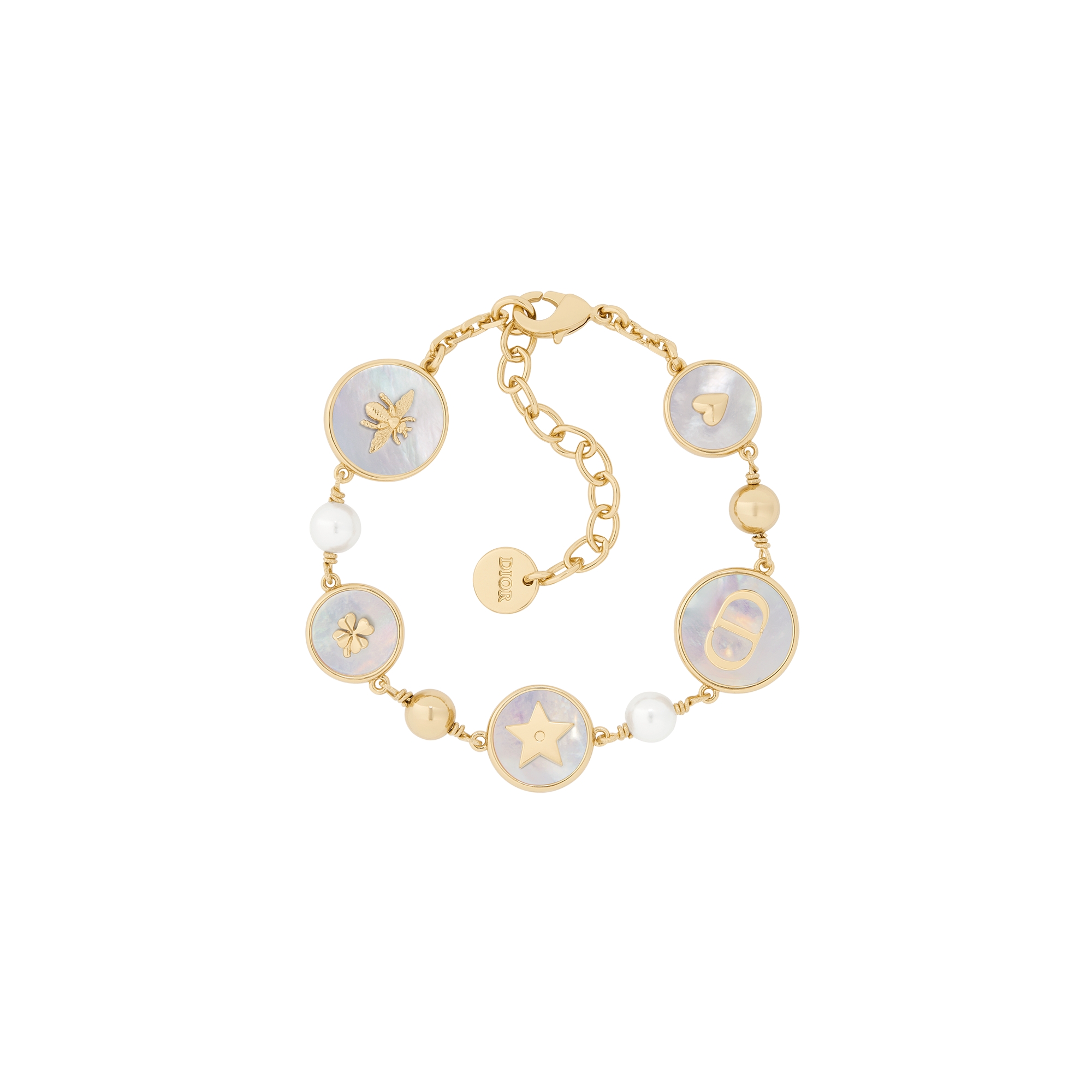  金色饰面金属、白色树脂珠饰和白色珍珠母贝