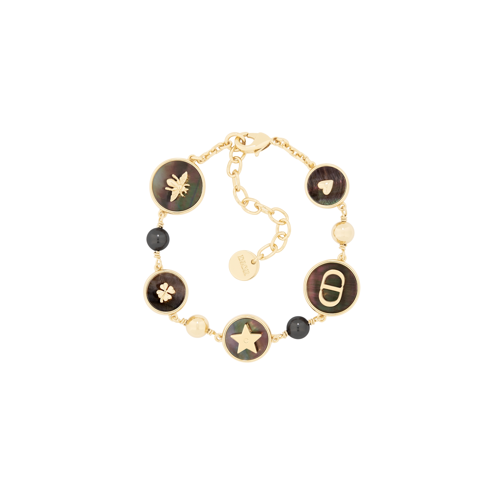  金色饰面金属、深灰色树脂珠饰和塔西提珍珠母贝