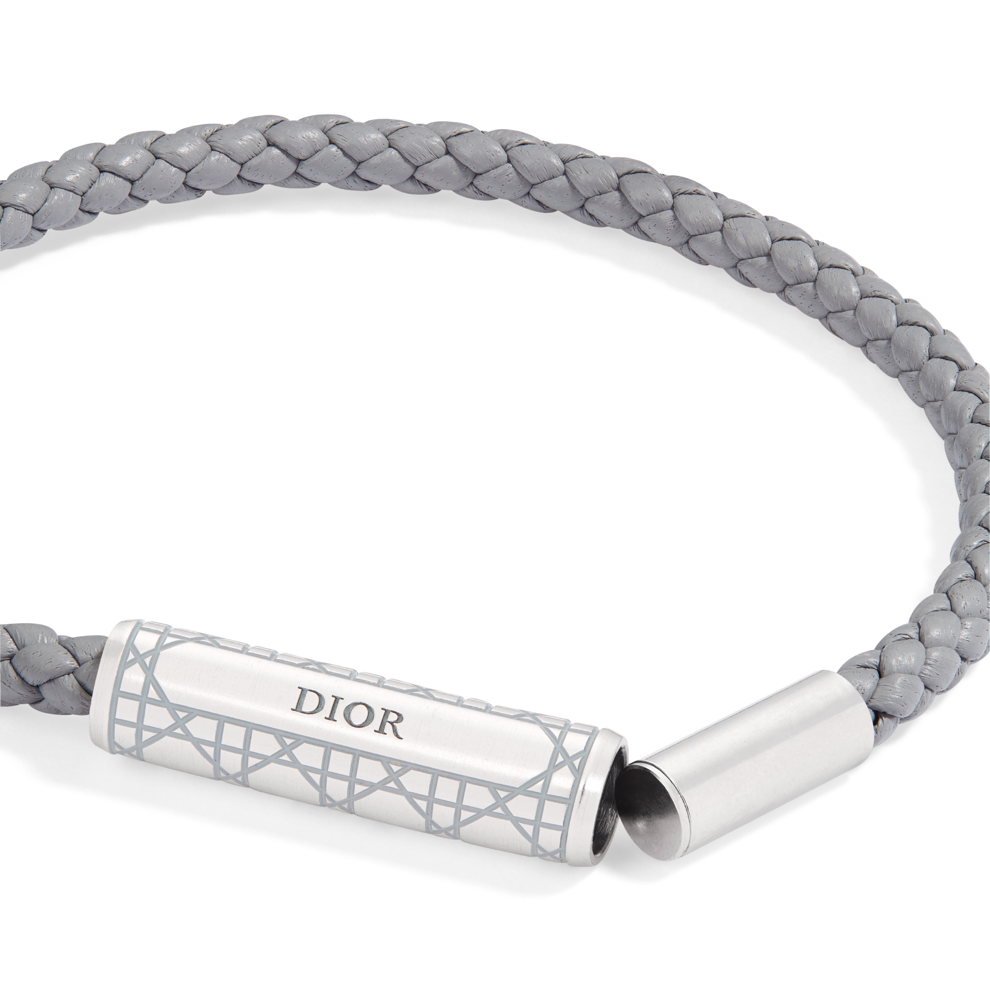 编织皮革手链 灰色羊皮革、银色饰面铜合金和灰色涂漆藤格纹图案 E09