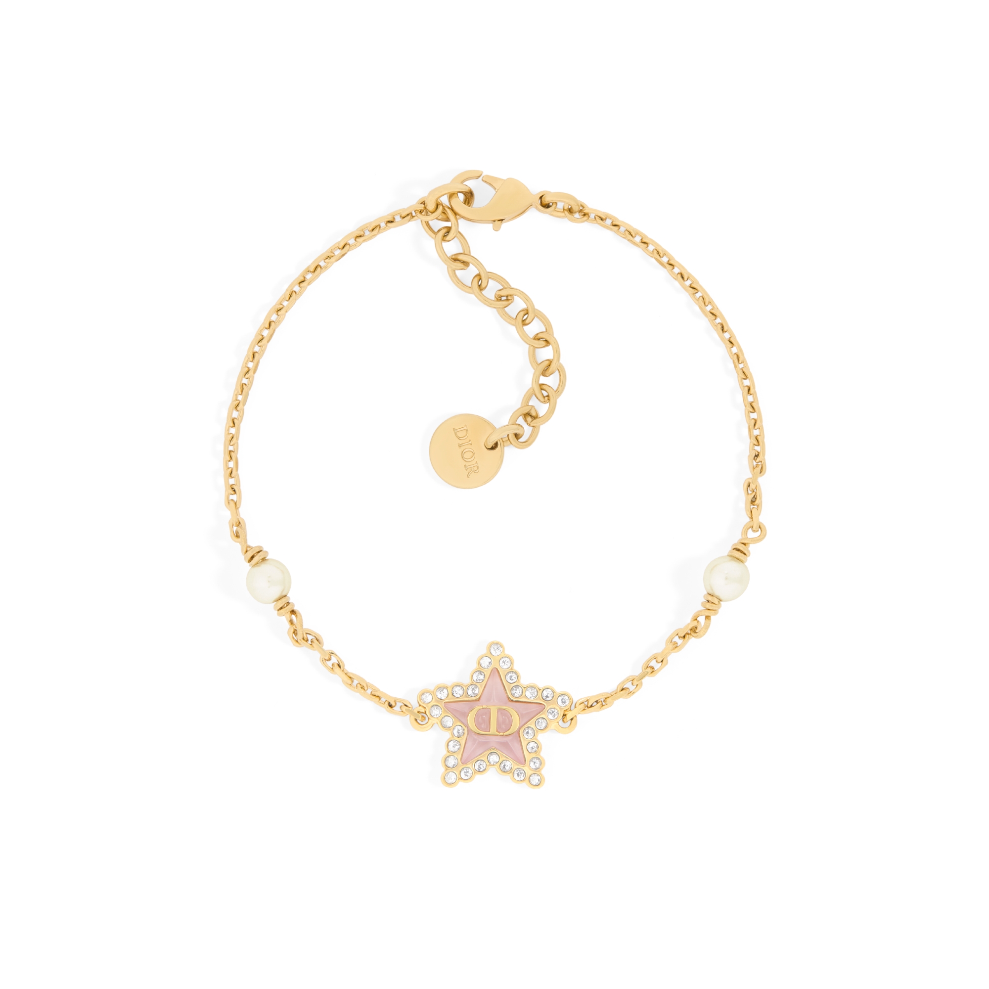 Petit CD Lucky Baroque 手链 金色饰面金属、白色树脂珠饰、银色调晶体和马卡龙粉色玻璃装饰 E01