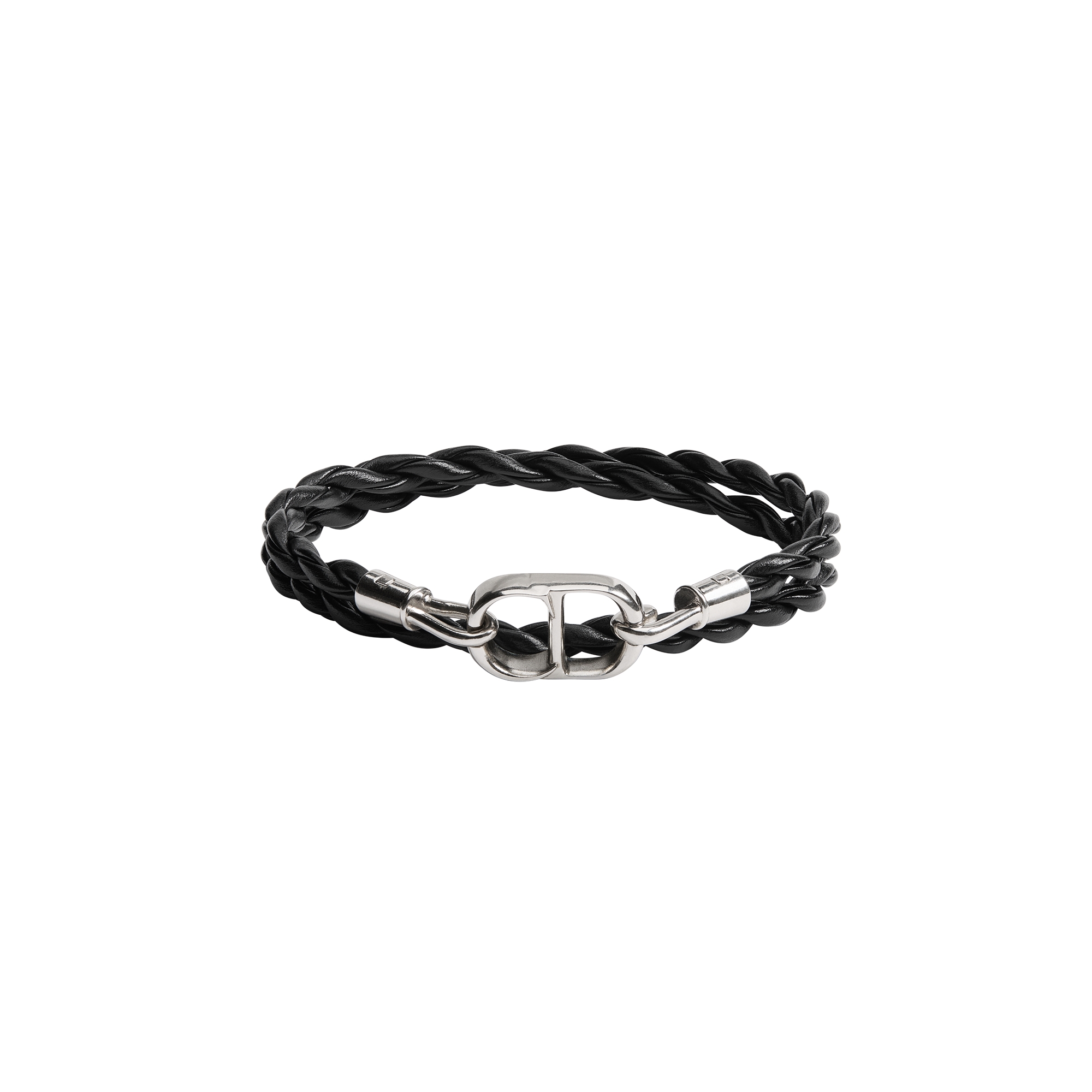 CD Icon 编织皮革双链条手链 黑色牛皮革和银色饰面铜合金 E01