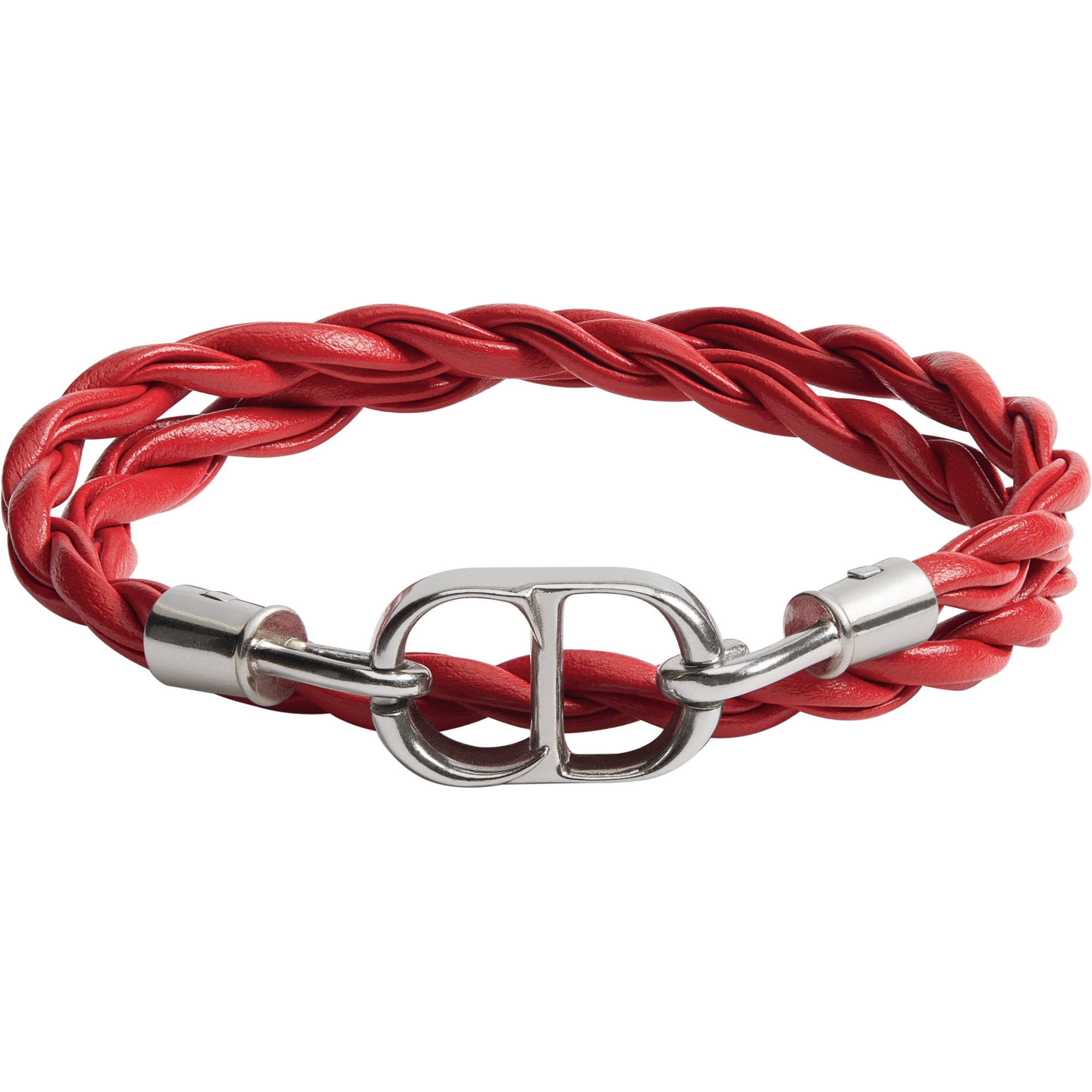 CD Icon 编织皮革双链条手链 红色牛皮革和银色饰面铜合金 E01