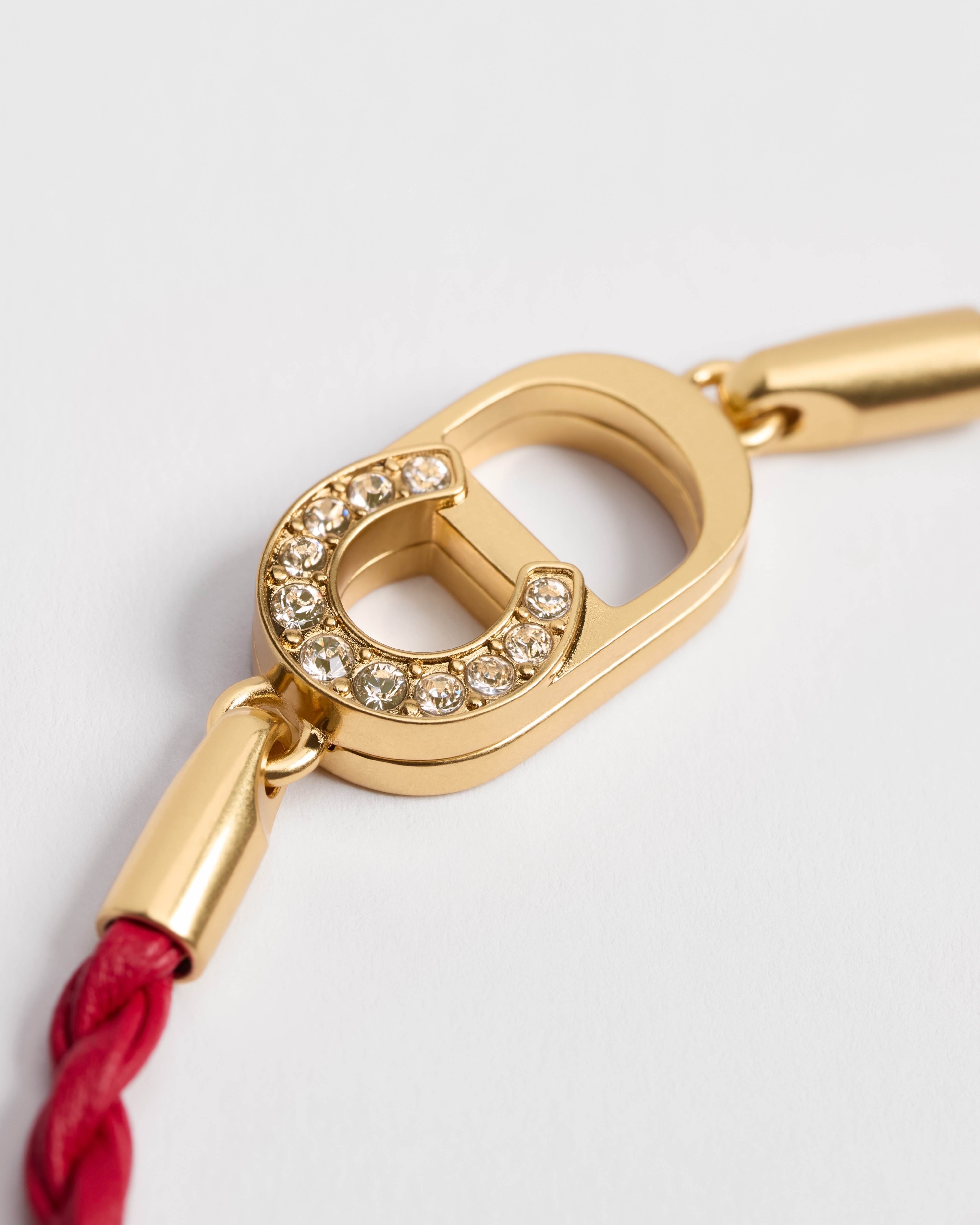 Lucky Dior 手链 金色饰面金属、白色晶体装饰和红色牛皮革 E09