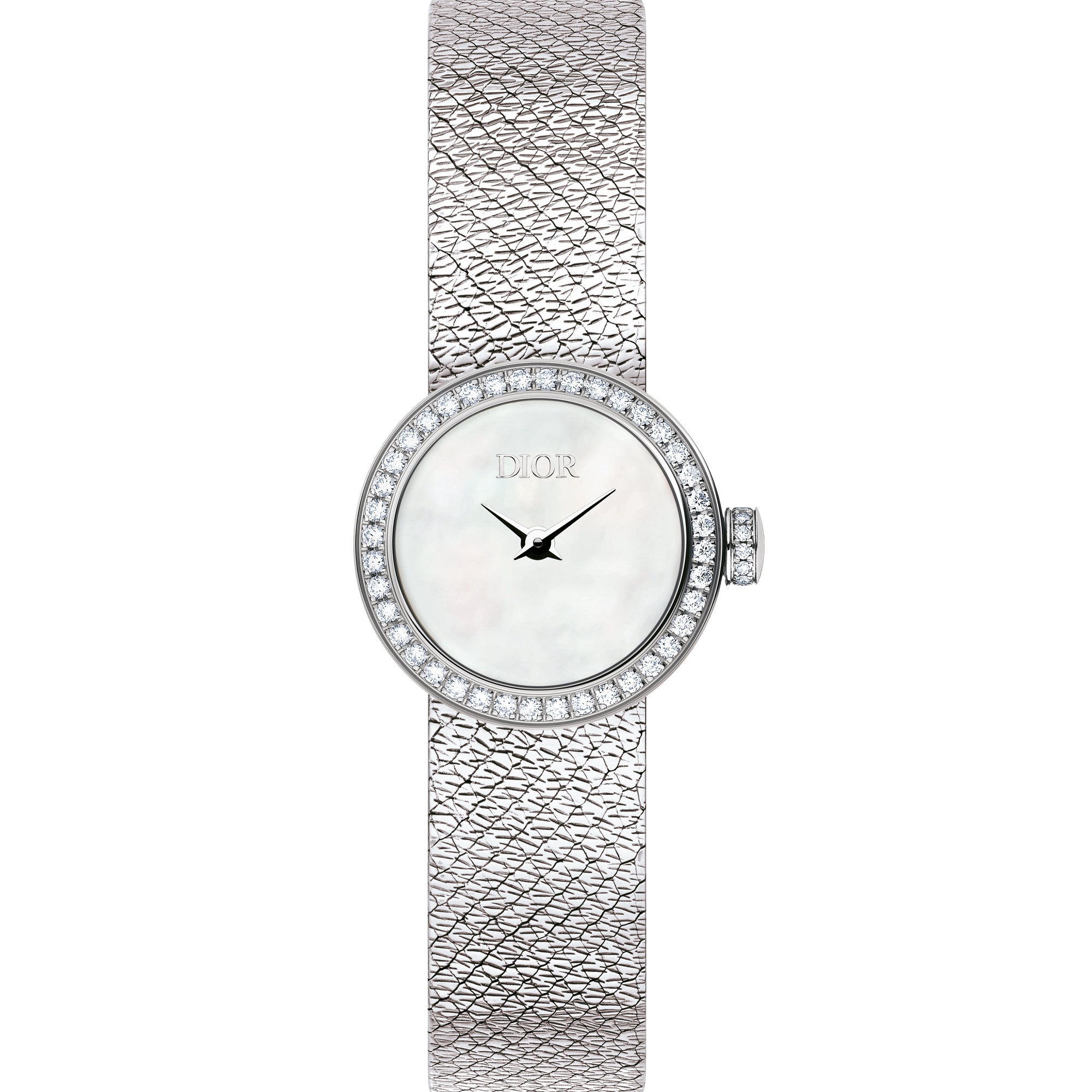Mini D de Dior Satine 腕表 直径 19 毫米，钢、白色珍珠母贝和钻石 E06