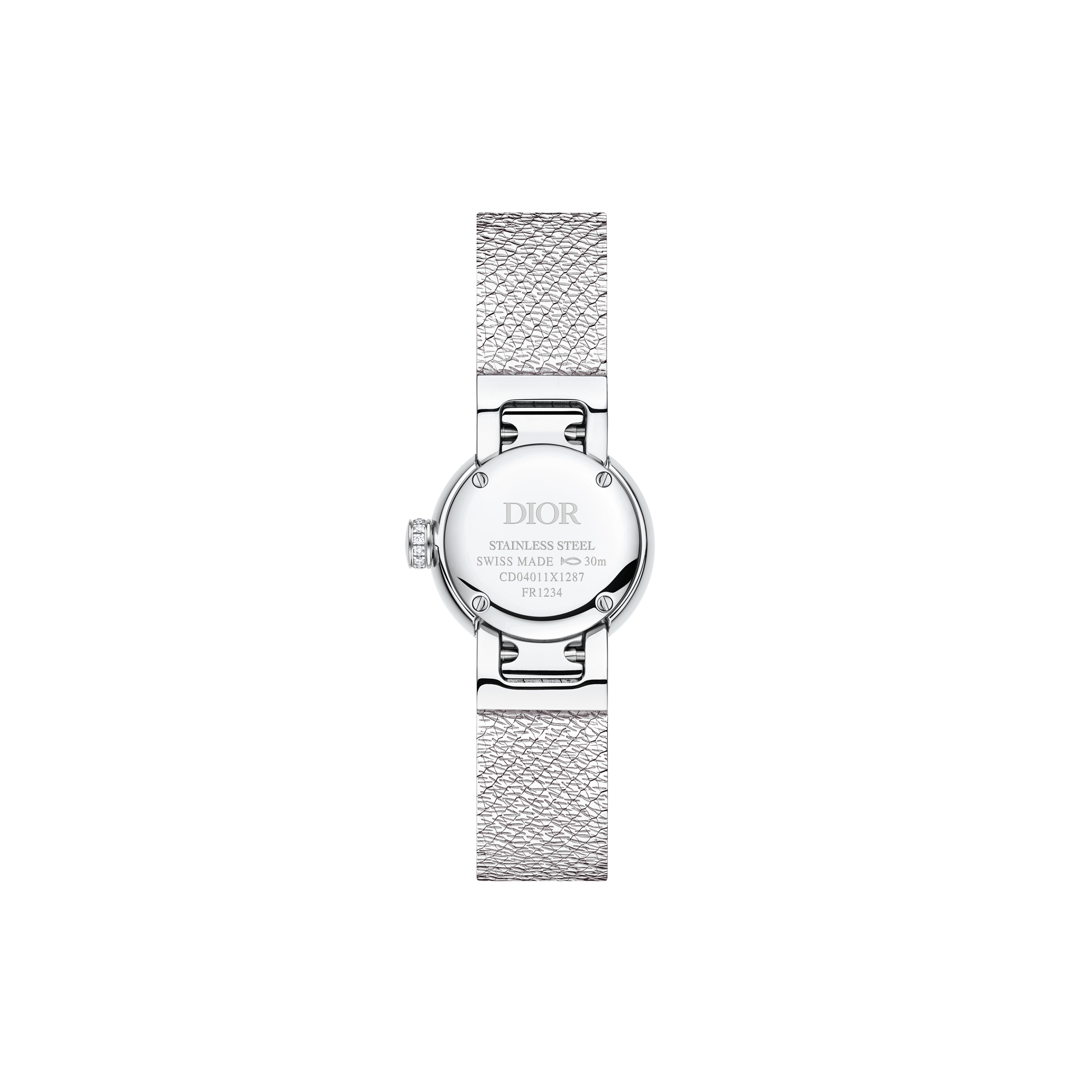 Mini D de Dior Satine 腕表 直径 19 毫米，钢、白色珍珠母贝和钻石 E07