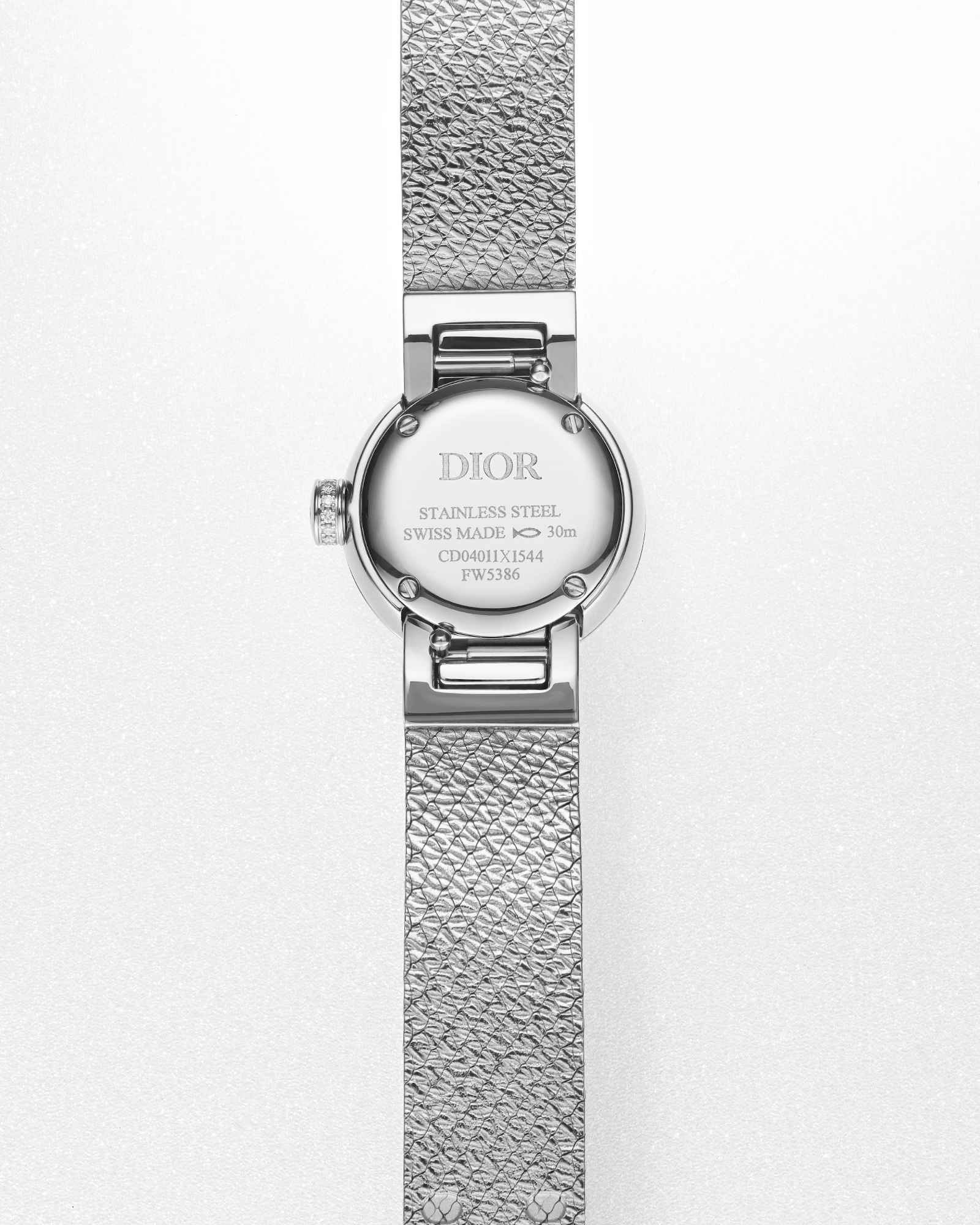 La Mini D My Dior 腕表 直径 19 毫米，钢、灰色珍珠母贝和钻石 E04