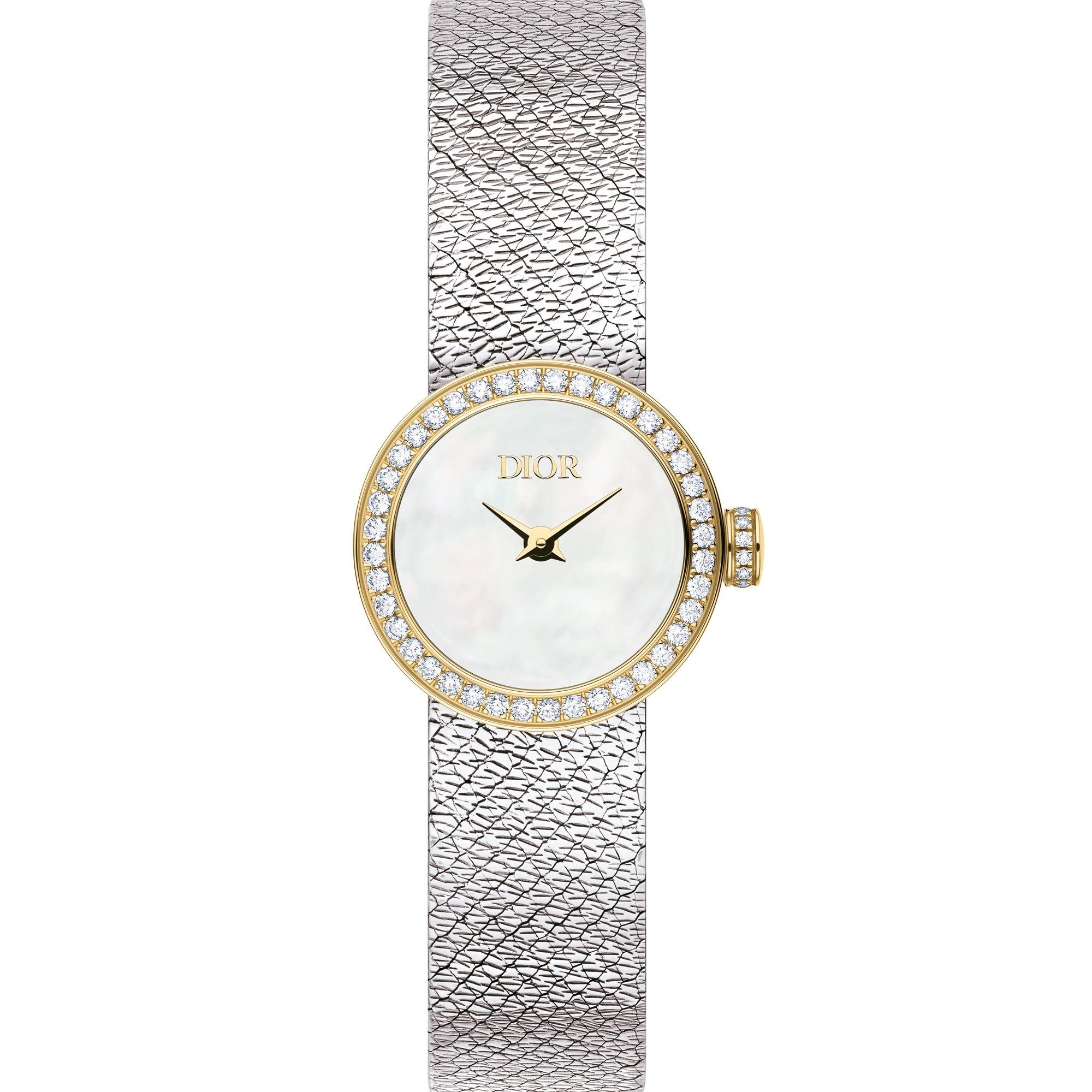 Mini D de Dior Satine 腕表 直径 19 毫米，钢、黄色 18K 金、白色珍珠母贝和钻石 E06