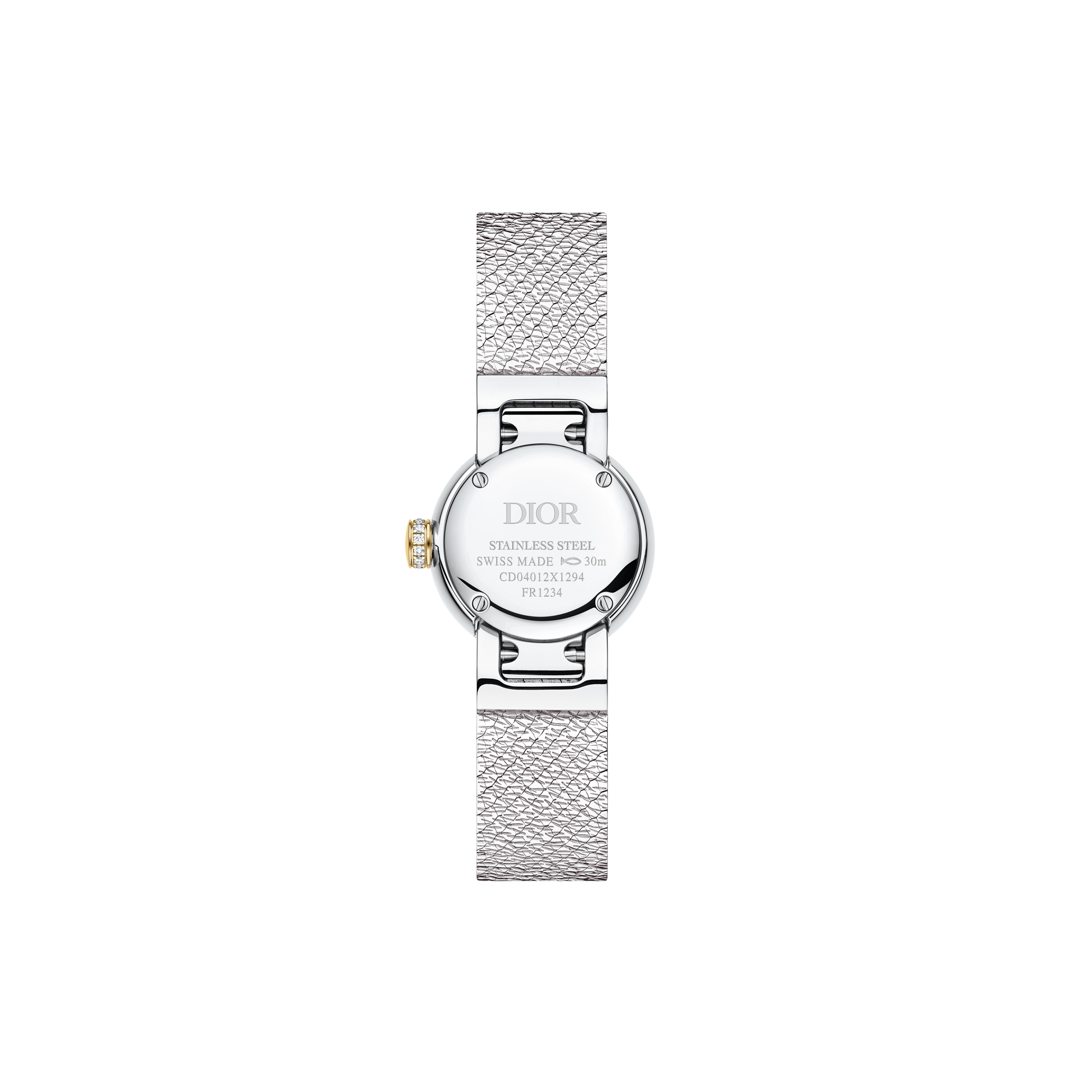 Mini D de Dior Satine 腕表 直径 19 毫米，钢、黄色 18K 金、孔雀石和钻石 E07