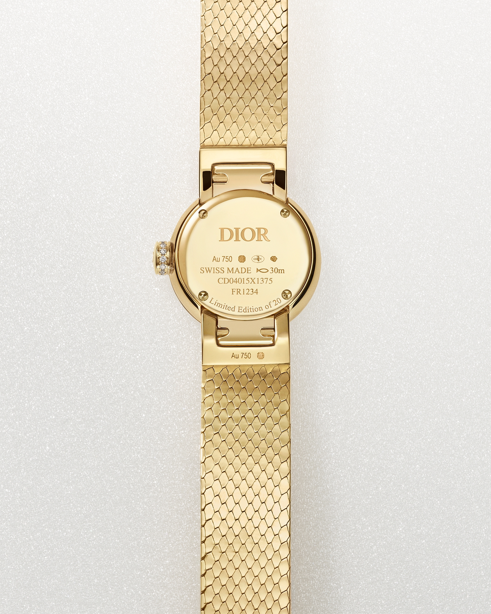 La Mini D My Dior 腕表 直径 19 毫米，黄色 18K 金、蓝绿色涂漆和钻石 E04