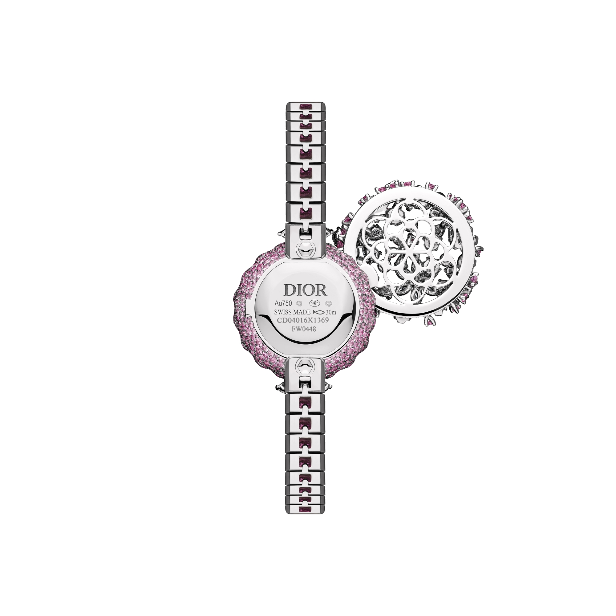 La D de Dior Précieuse à Secret Les Jardins de la Couture N°2 腕表 直径 21 毫米，白色 K 金，钻石，粉色蓝宝石，尖晶石，沙弗莱石和祖母绿 E11