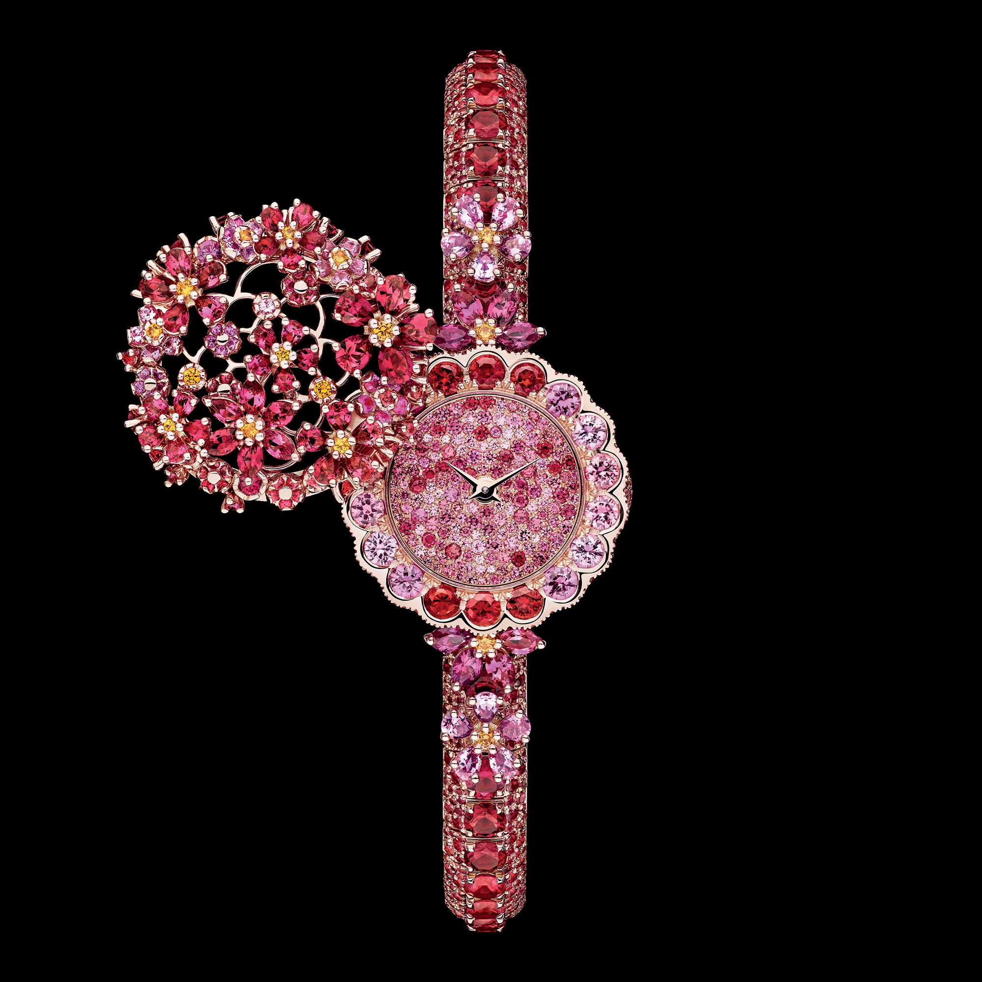 La D de Dior Précieuse à Secret Les Jardins de la Couture N°3 腕表 直径 21 毫米，玫瑰色 K 金，尖晶石，粉色蓝宝石，红宝石和锰铝榴石 E01