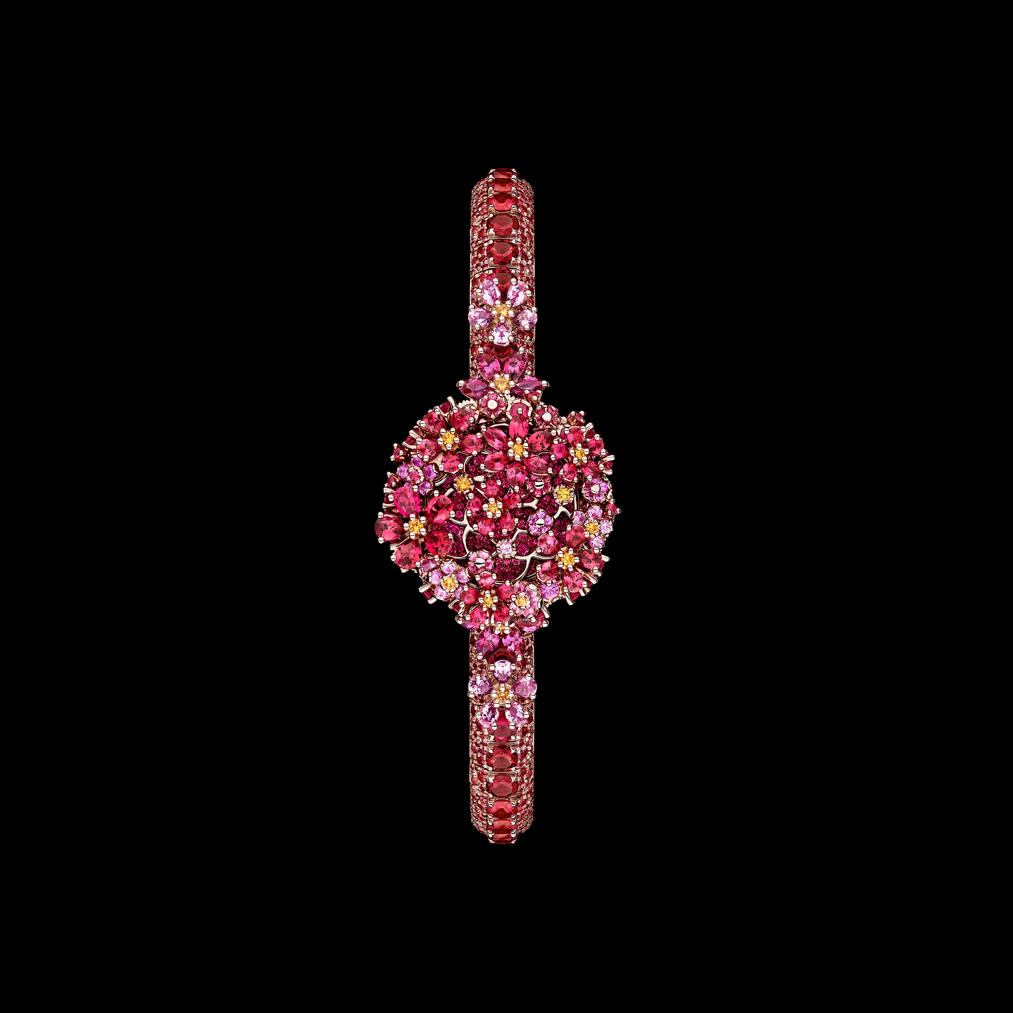 La D de Dior Précieuse à Secret Les Jardins de la Couture N°3 腕表 直径 21 毫米，玫瑰色 K 金，尖晶石，粉色蓝宝石，红宝石和锰铝榴石 E03