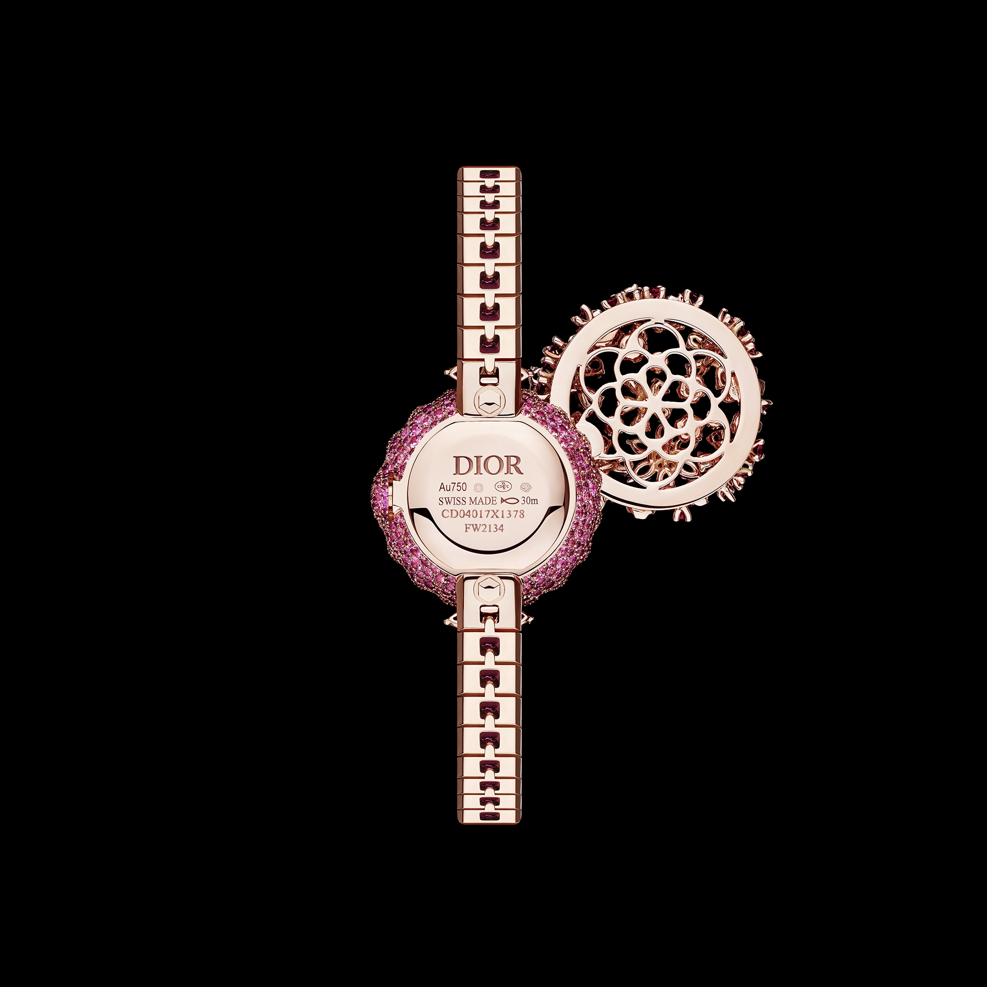 La D de Dior Précieuse à Secret Les Jardins de la Couture N°3 腕表 直径 21 毫米，玫瑰色 K 金，尖晶石，粉色蓝宝石，红宝石和锰铝榴石 E04