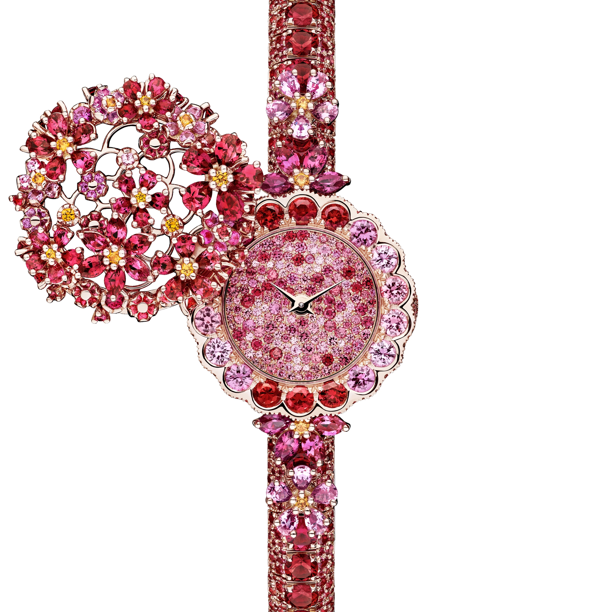 La D de Dior Précieuse à Secret Les Jardins de la Couture N°3 腕表 直径 21 毫米，玫瑰色 K 金，尖晶石，粉色蓝宝石，红宝石和锰铝榴石 E08