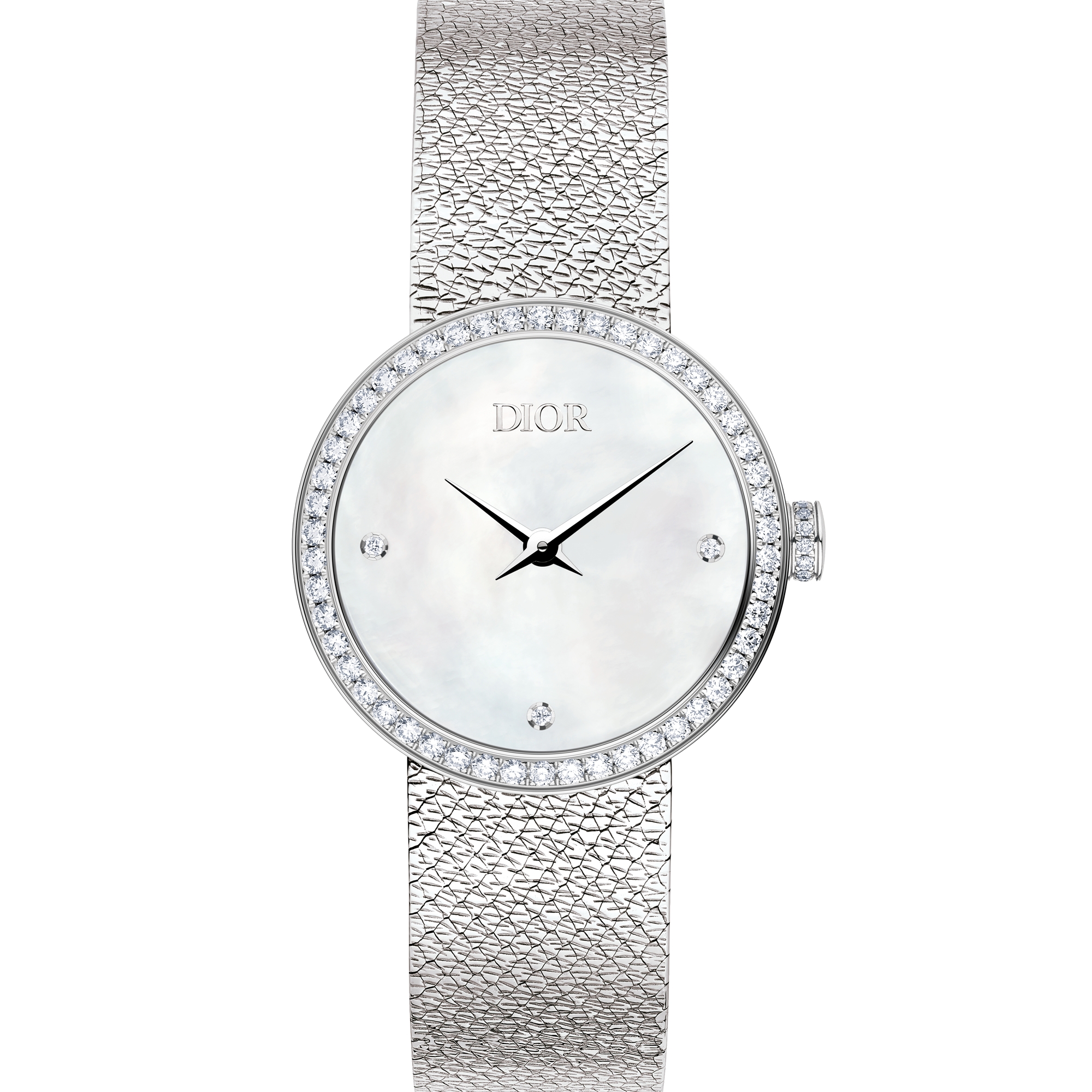 La D de Dior Satine 腕表 直径 25 毫米，钢、白色珍珠母贝和钻石 E06