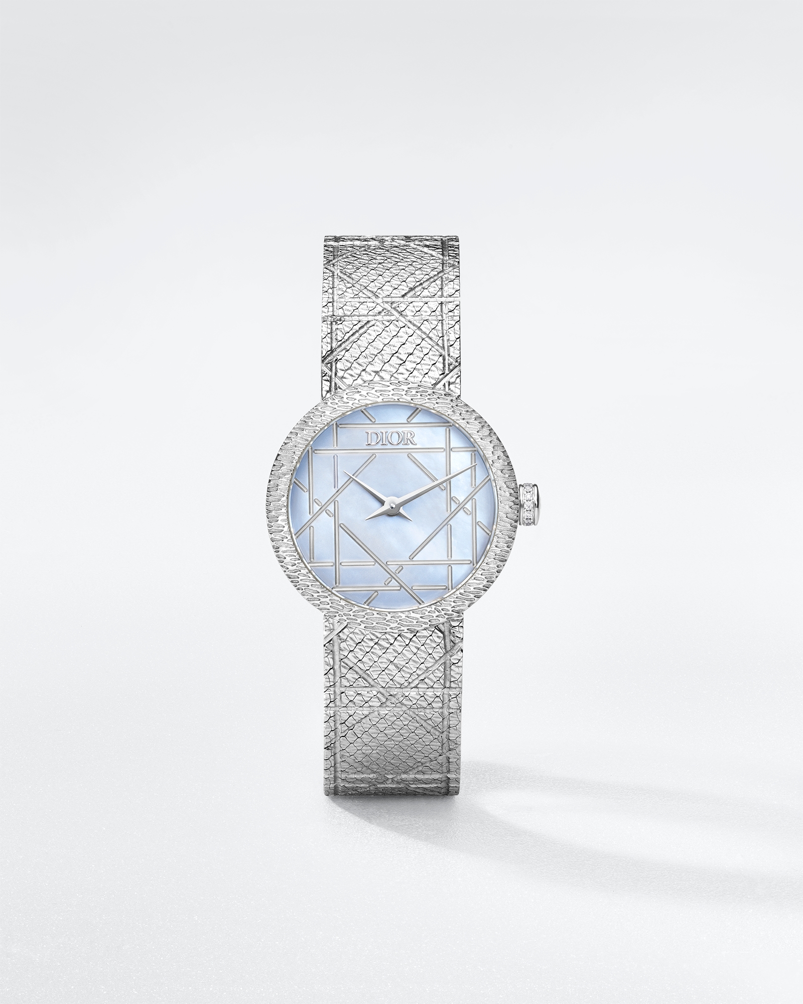 La D My Dior 腕表 直径 25 毫米，钢、灰色珍珠母贝和钻石 E01