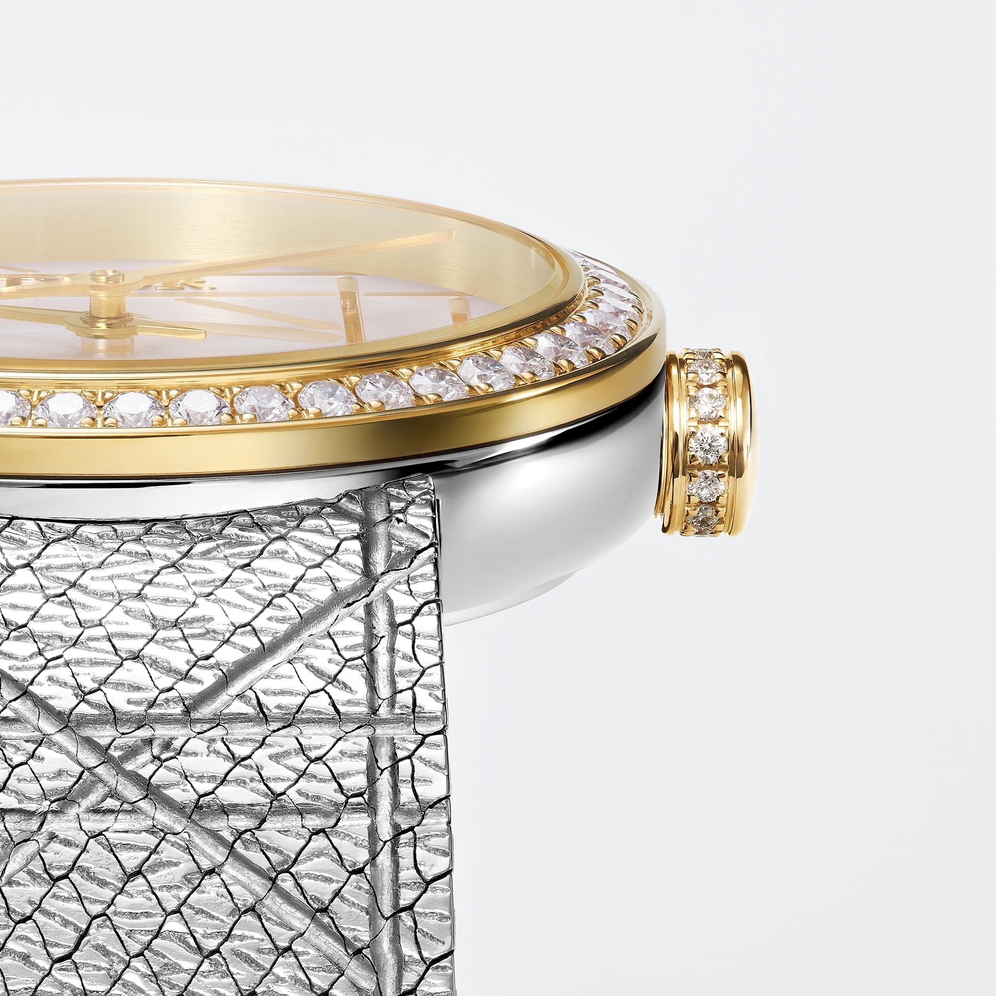 La D My Dior 腕表 直径 25 毫米，钢、黄色 18K 金、白色珍珠母贝和钻石 E02