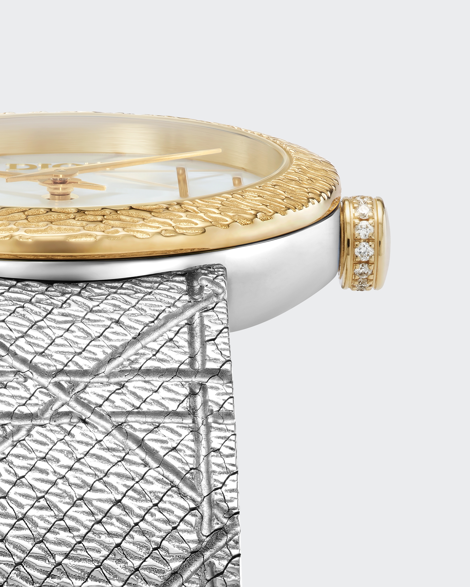 La D My Dior 腕表 直径 25 毫米，钢、黄色 18K 金、白色珍珠母贝和钻石 E02